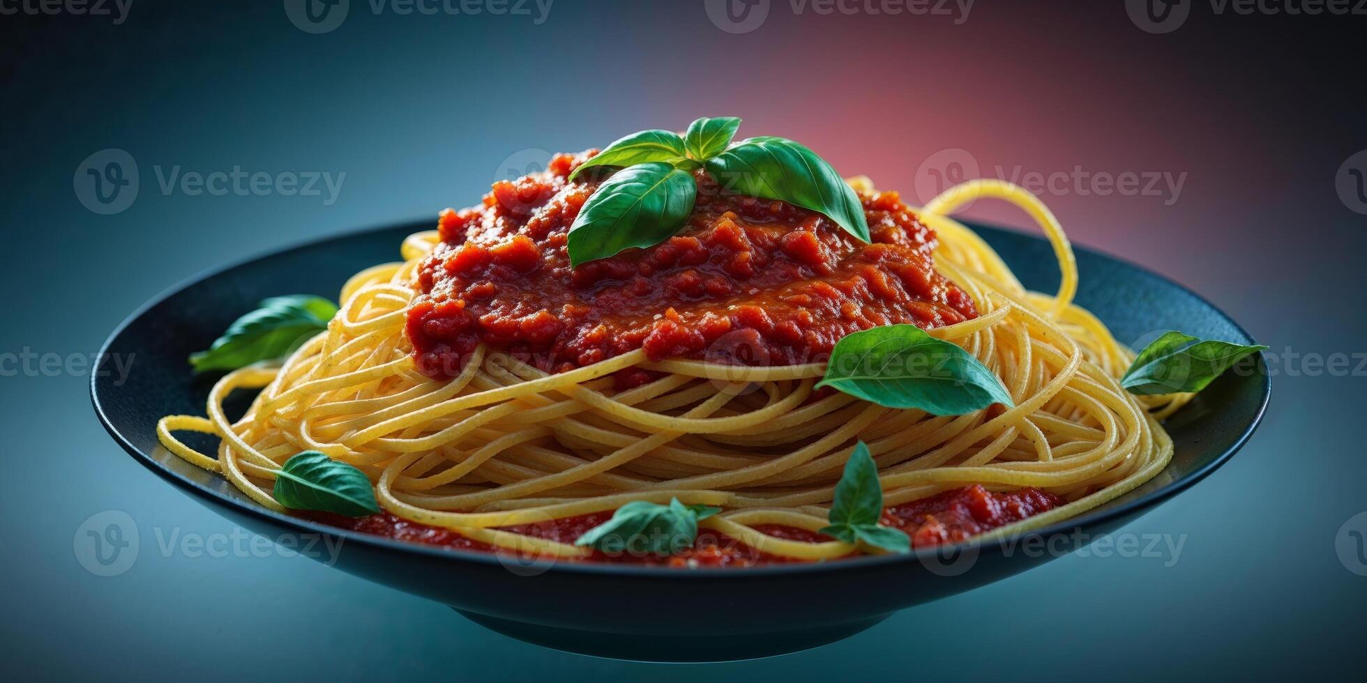 Delicious spaghetti with fresh basil and tomato sauce on dark background photo