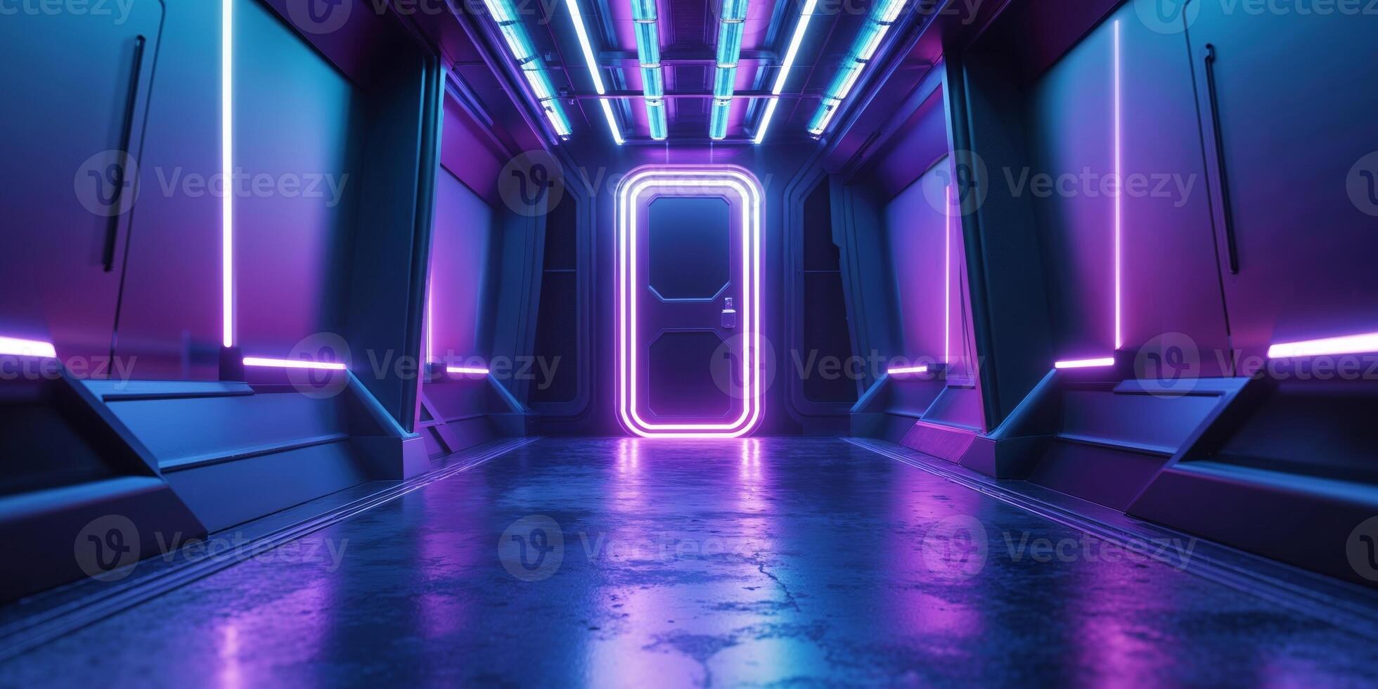 Neon Lights Illuminate A Futuristic Corridor Doorway. photo