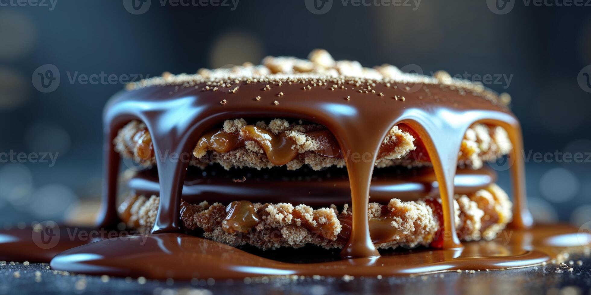 A close up image of chocolate caramel sandwich dessert. photo
