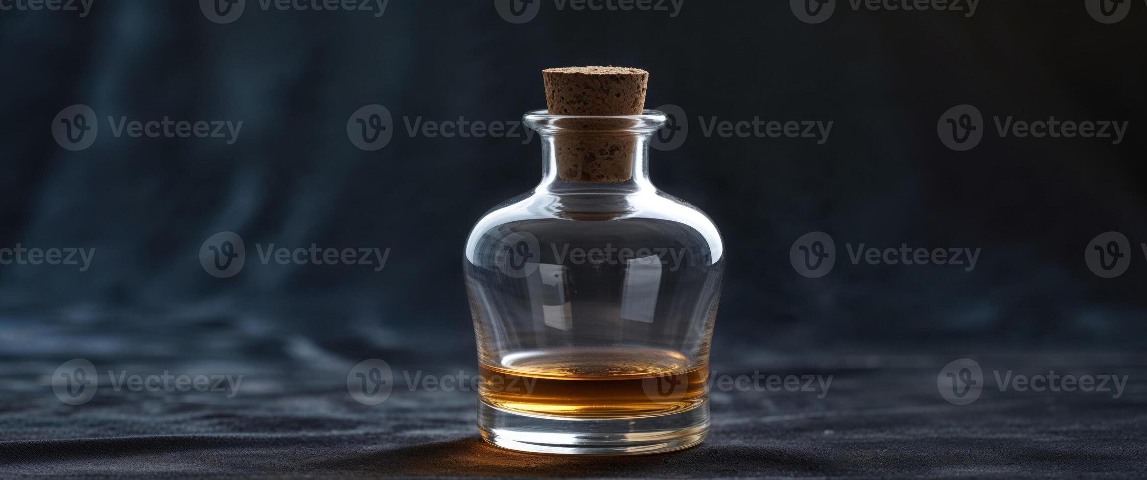 Clear Glass Bottle with Cork Stopper Filled with Liquid on Dark Background. photo