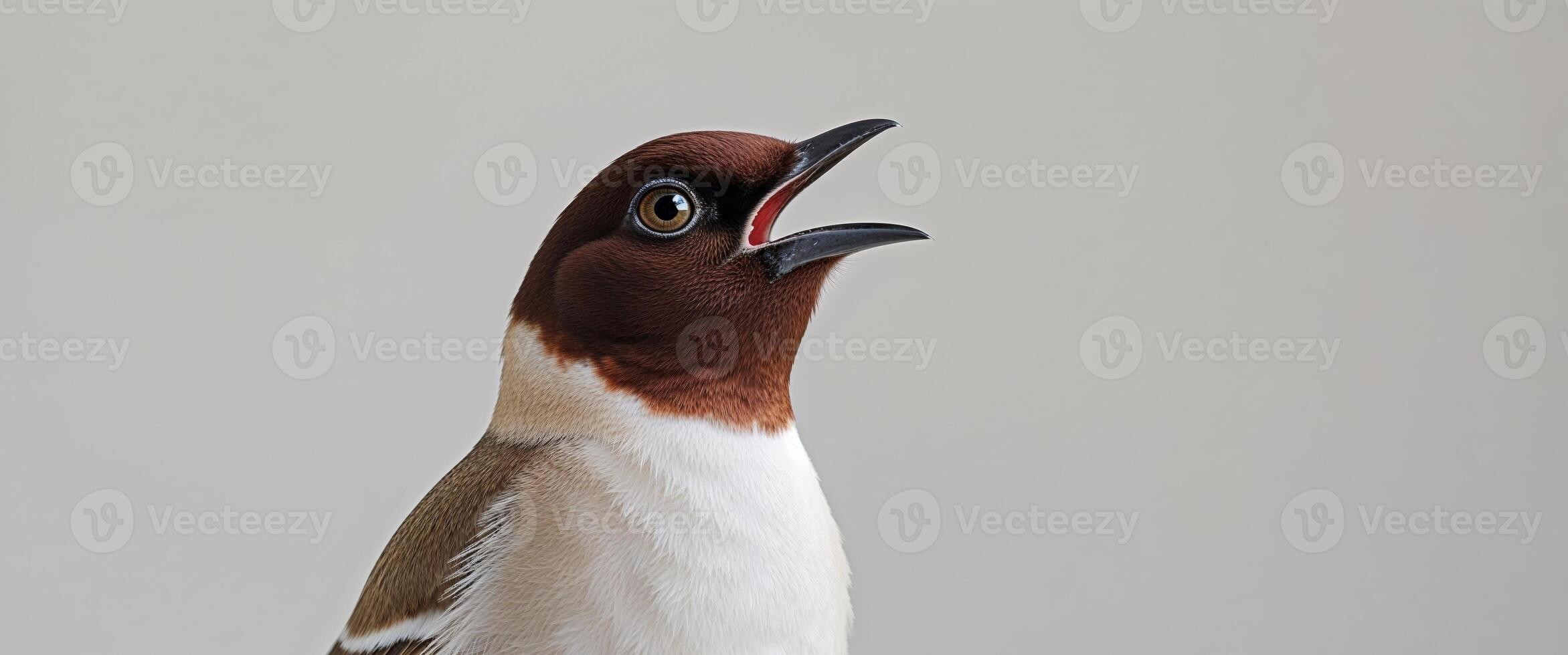A bird with a brown head and a white neck is looking up. photo