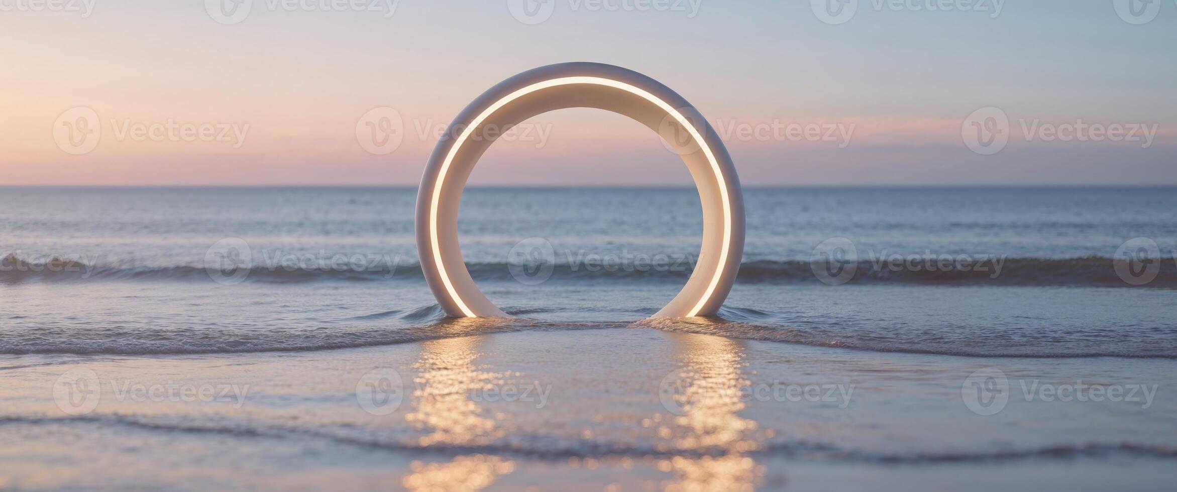 Illuminated Ring Shaped Structure Emerges Over Ocean Waters At Dusk. photo
