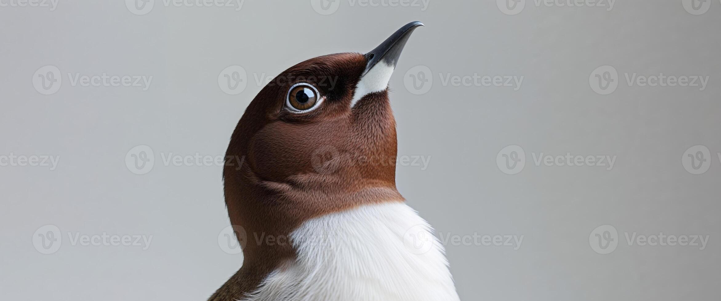 A bird with a brown head and a white neck is looking up photo