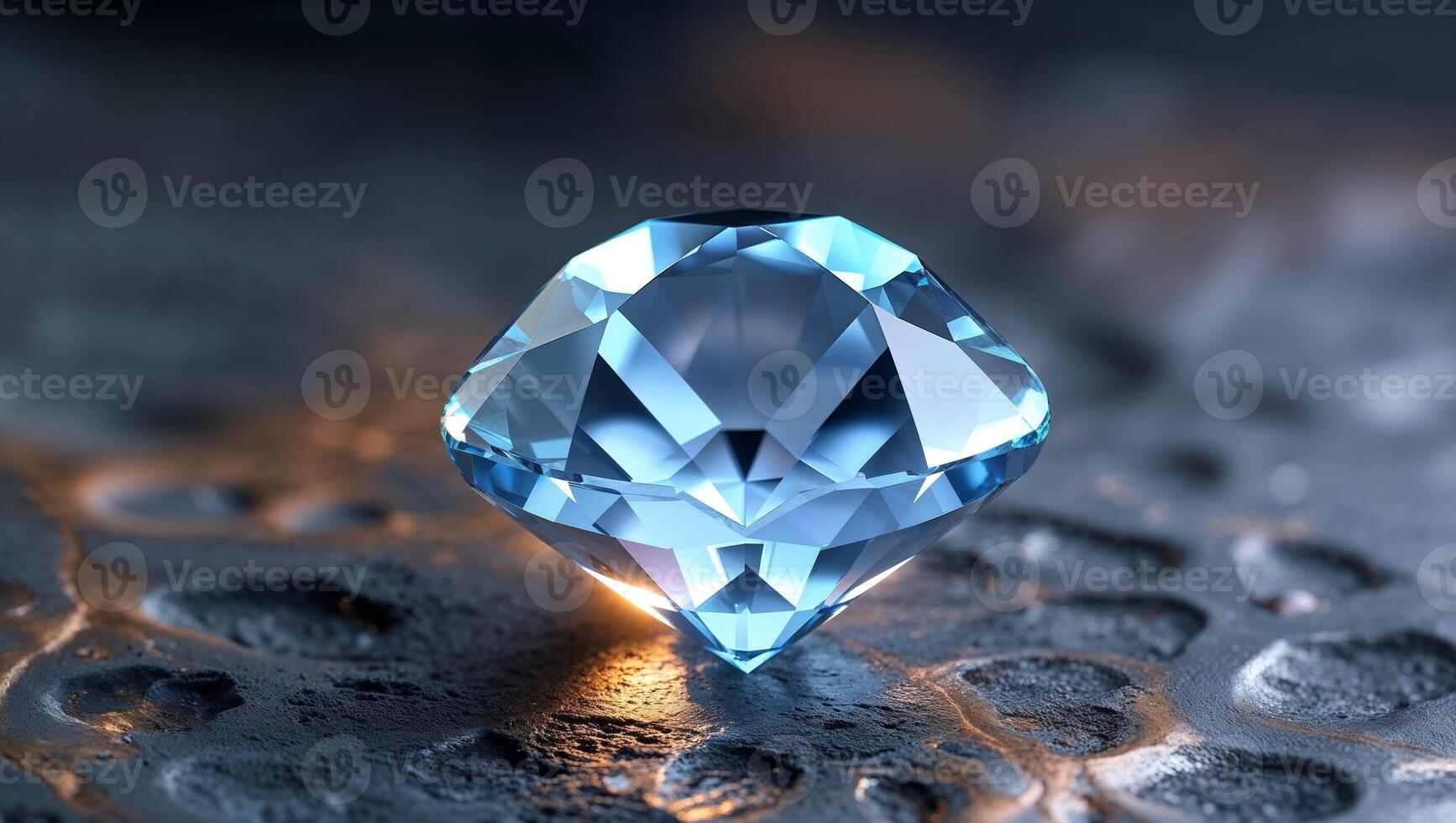 Captivating close up of a faceted light blue gemstone on textured dark surface showcasing its brilliance and clarity with a shallow depth of field photo
