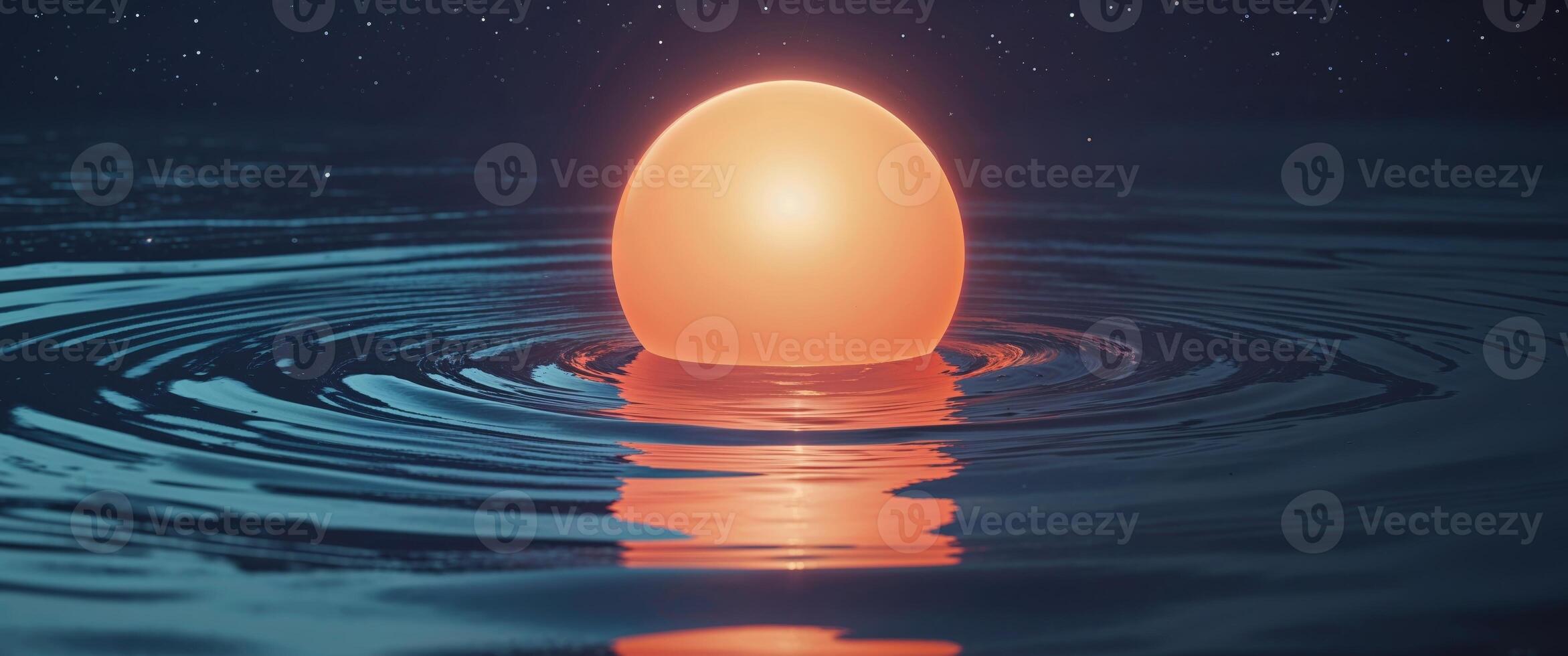 Glowing Orange Orb Floating on Water Creates Mystical Night Scene photo