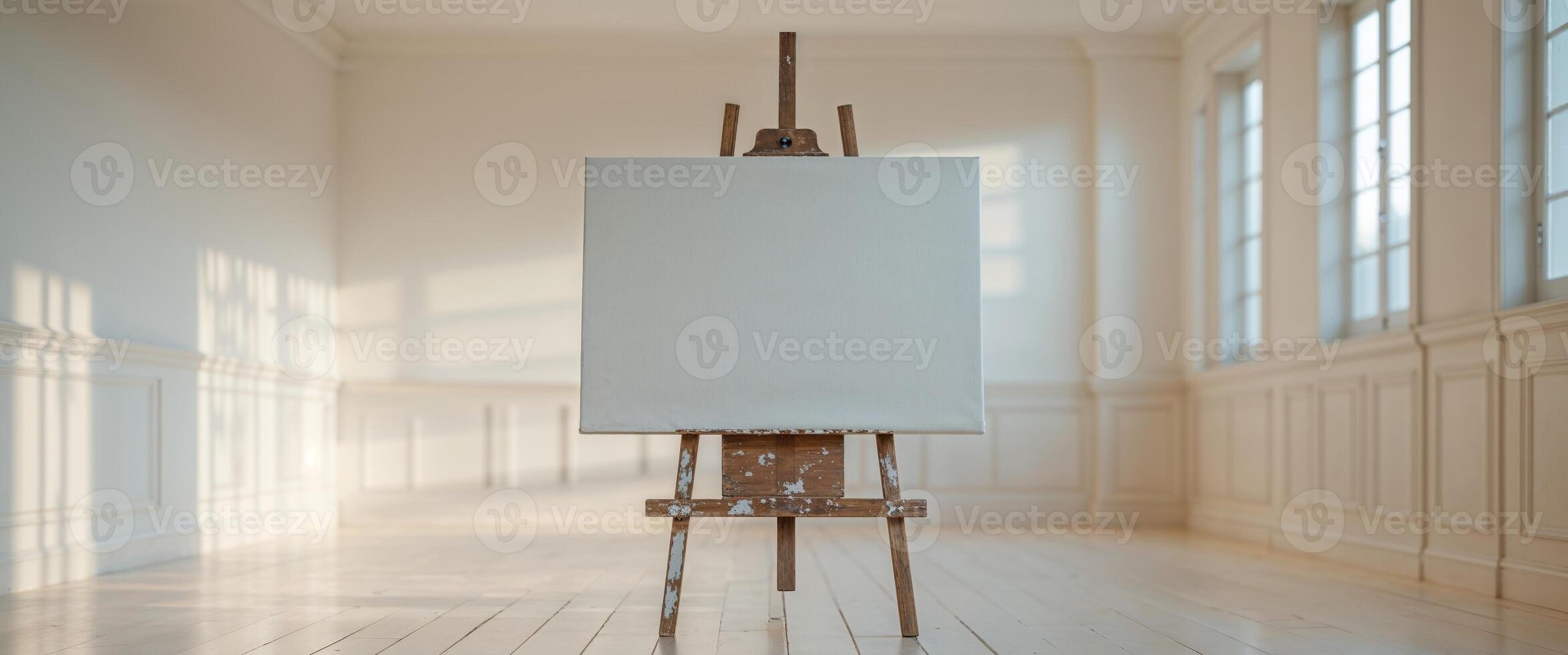 Empty Canvas On Wooden Easel In Bright Room photo