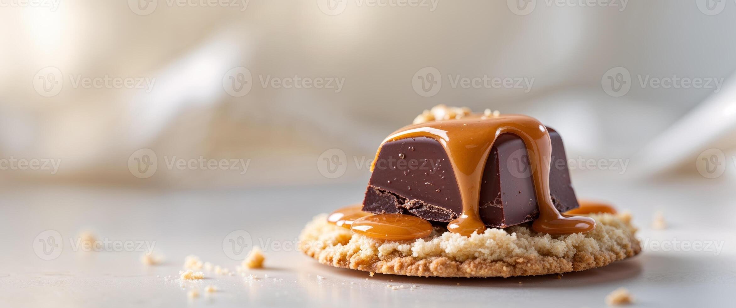 Delicious chocolate candy with caramel drizzle on biscuit base for dessert presentation. photo