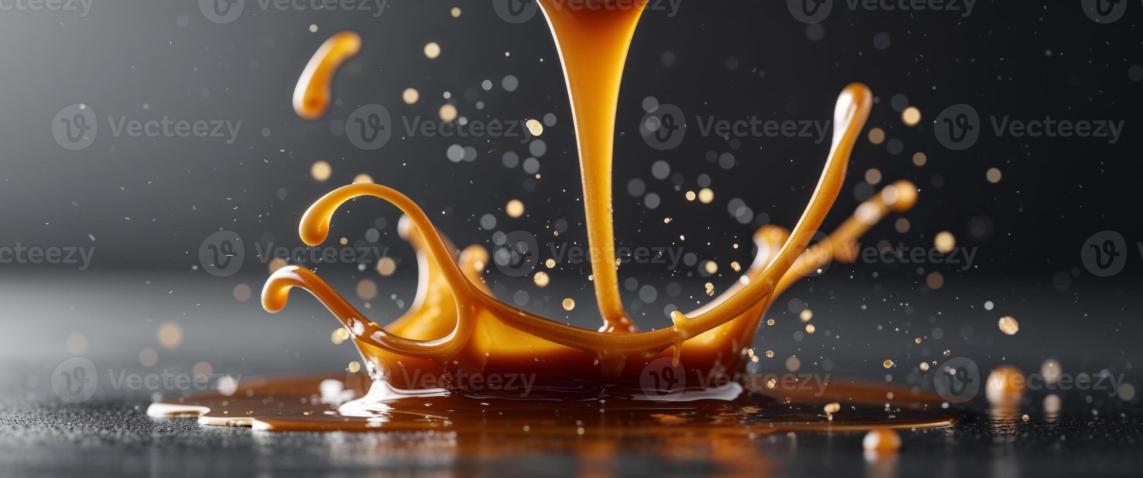 Close up shot of caramel liquid pouring and splashing with a dark blurred background creating a crown photo