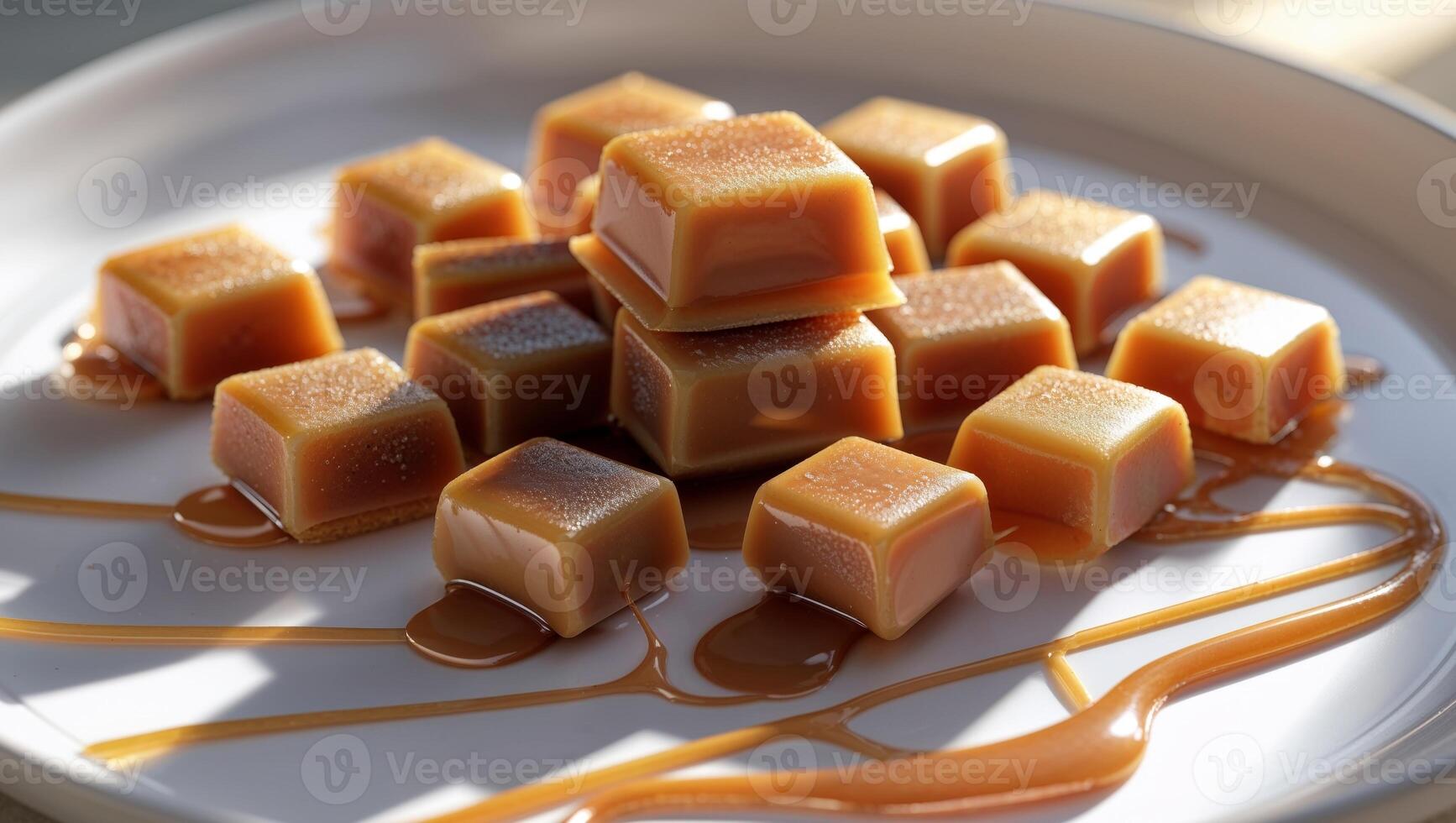 Caramel candies with caramel sauce on white plate. photo