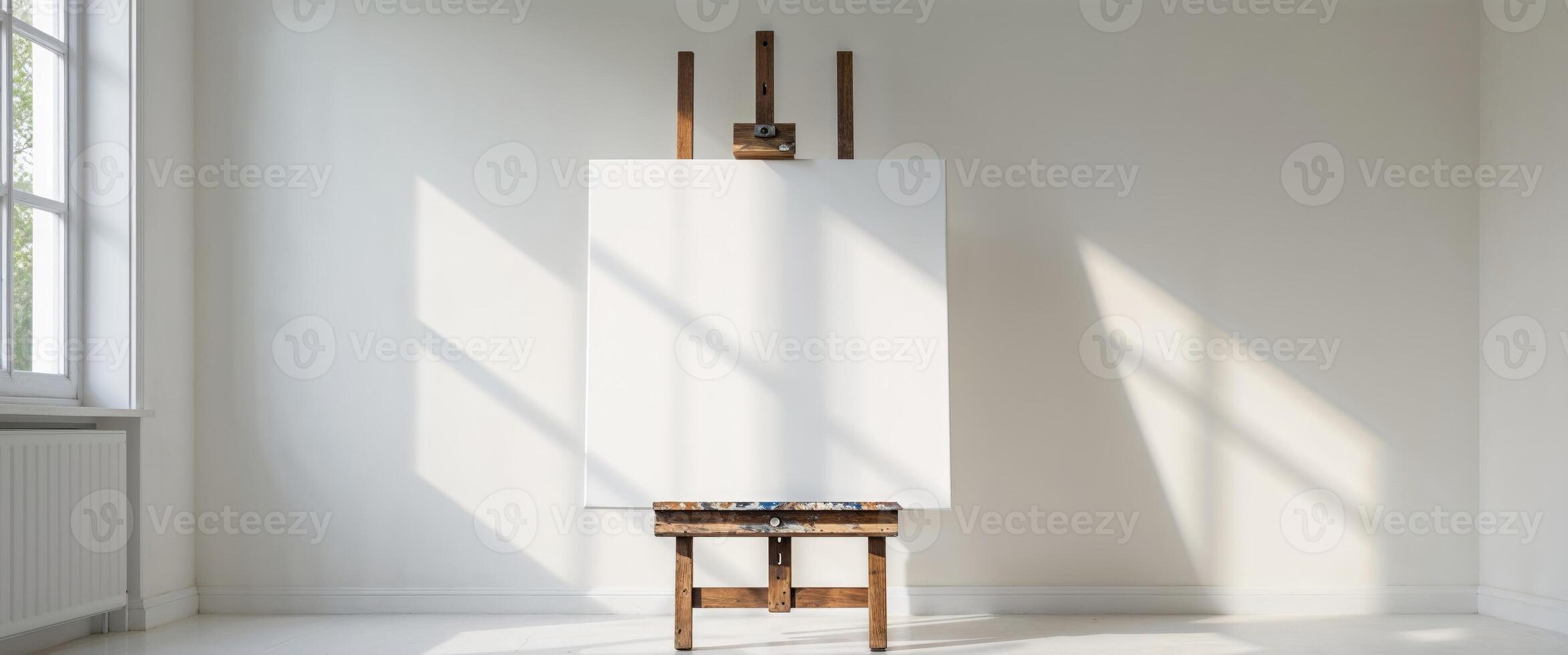 An easel with a blank canvas in front of a window photo