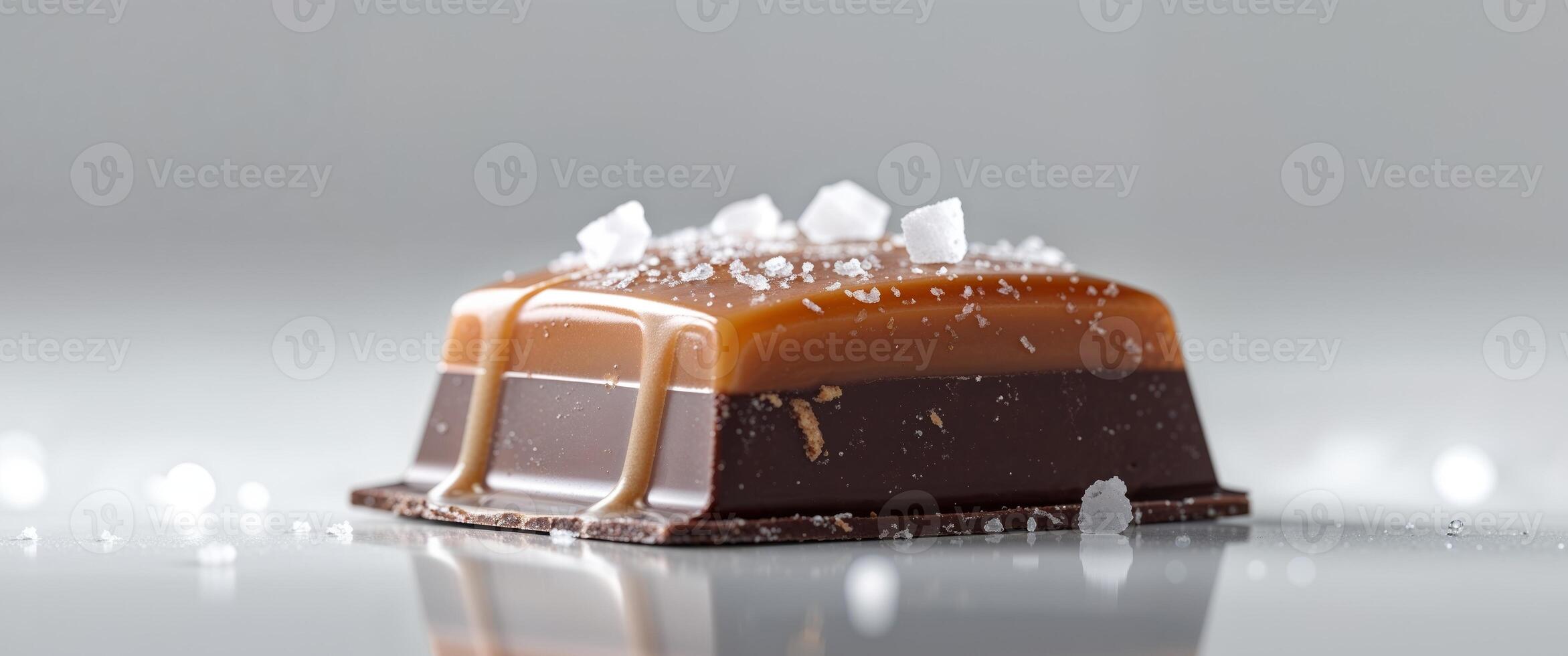 Delicious chocolate candy with caramel topping and sea salt crystals. photo
