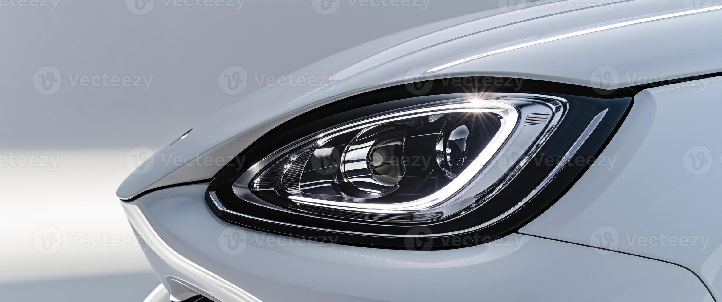 Intricate automotive headlamp showcasing complex light and reflections. photo