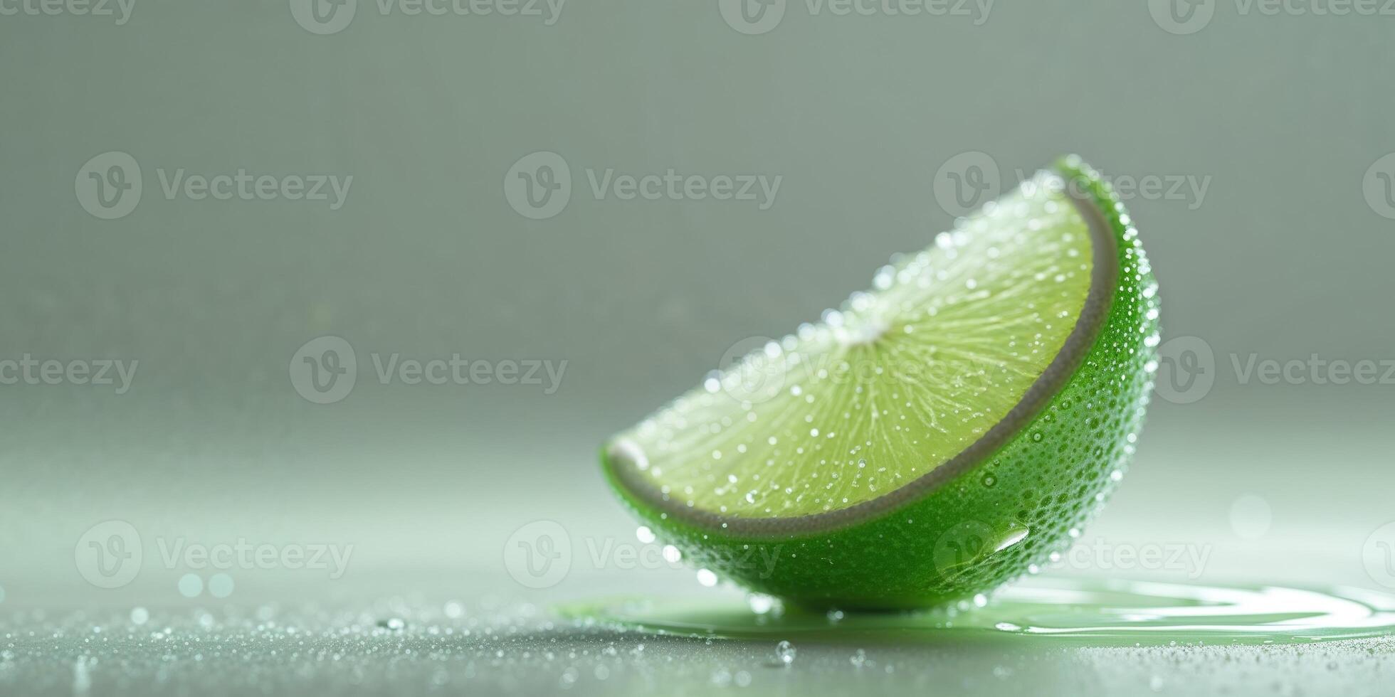 Fresh green lime wedge resting on a flat white surface ideal for culinary presentation or decoration. photo