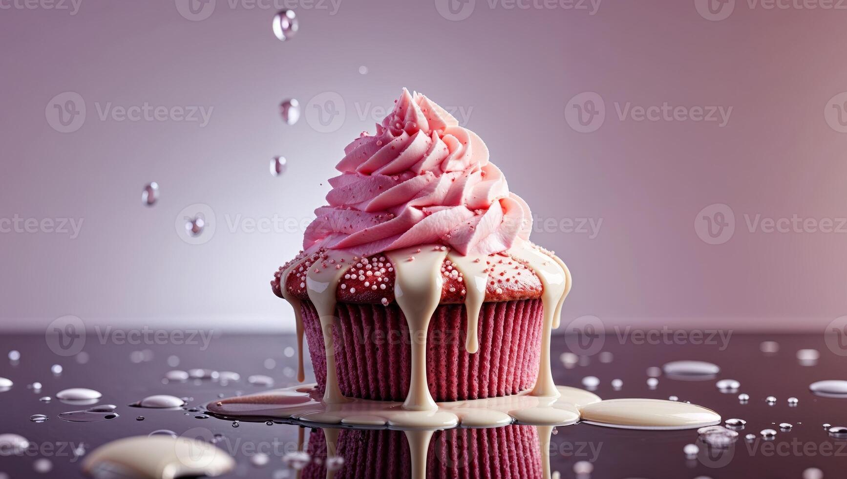 Pink cupcake with dripping icing and water splashes photo