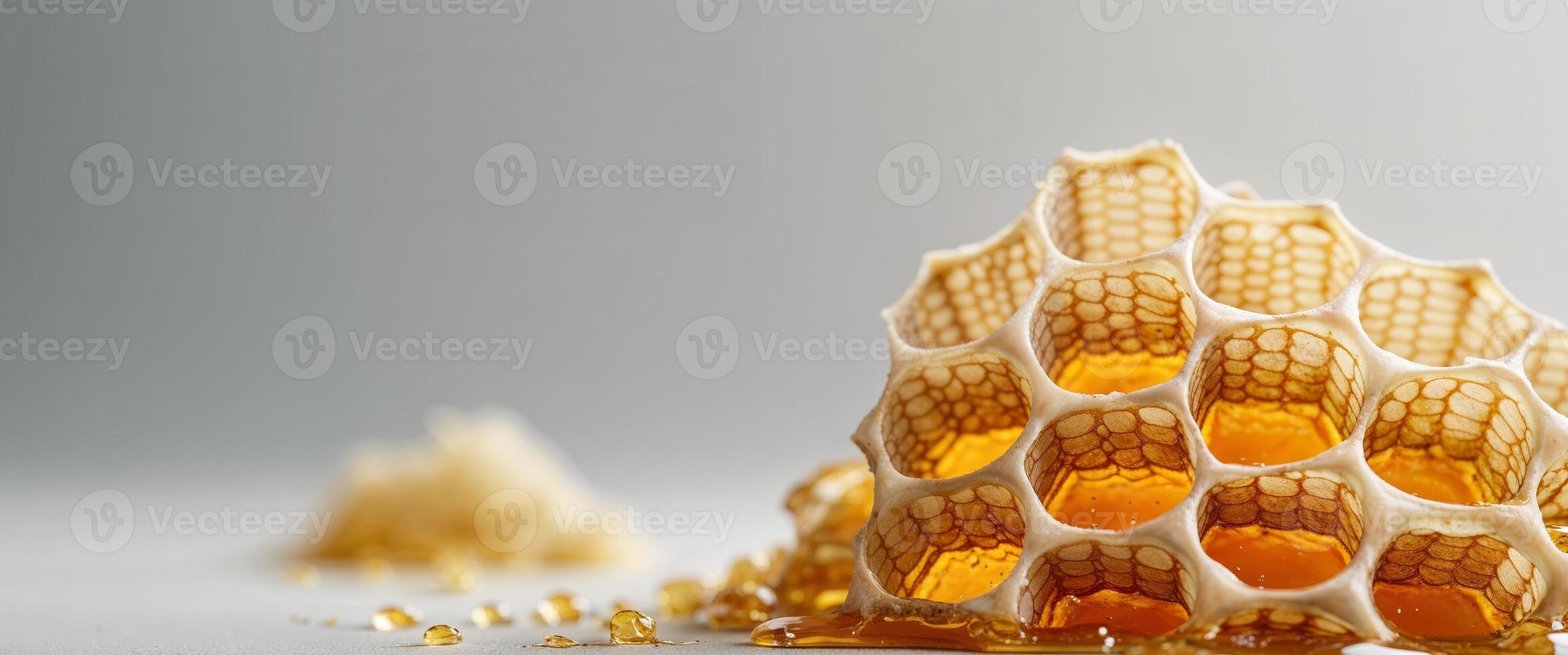 Natural honeycomb with golden honey on gray background photo