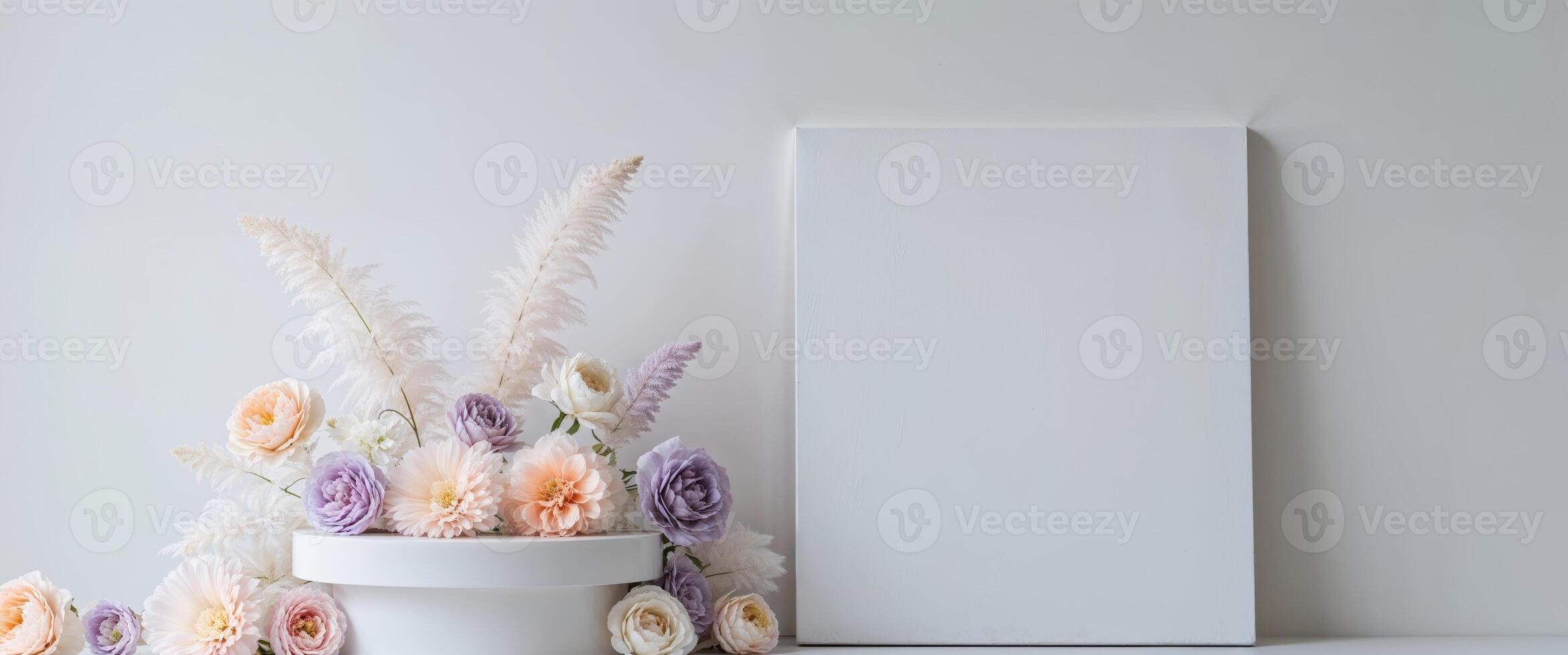 Pastel floral display podium with blank canvas. photo
