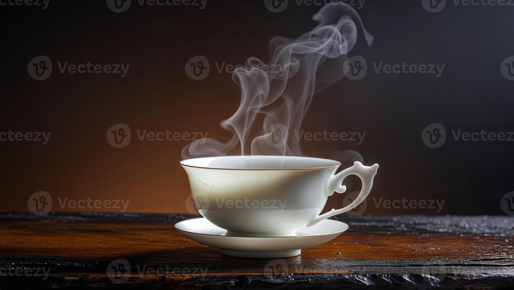 Steaming Tea Cup on Tabletop with Gentle Warm Light and Dark Backdrop. photo