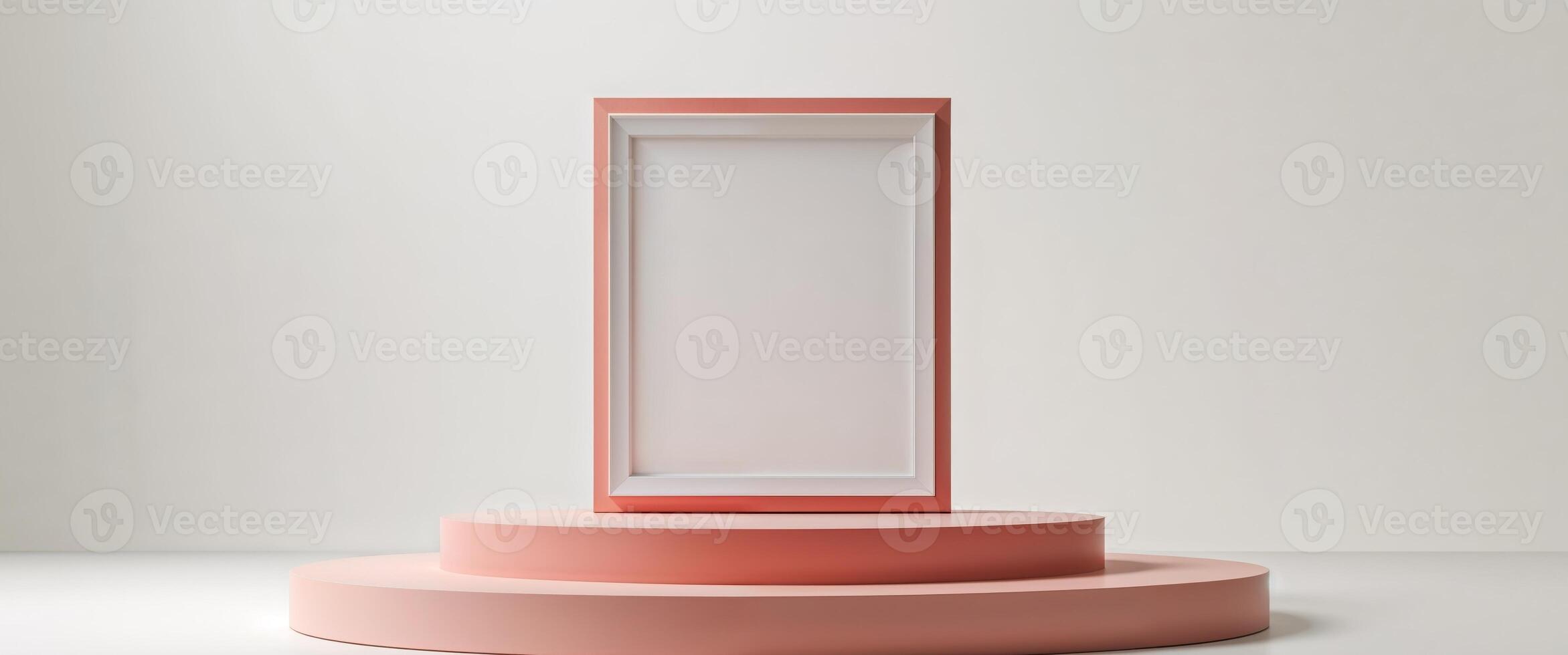 Blank picture frame centered on a round coral colored platform photo