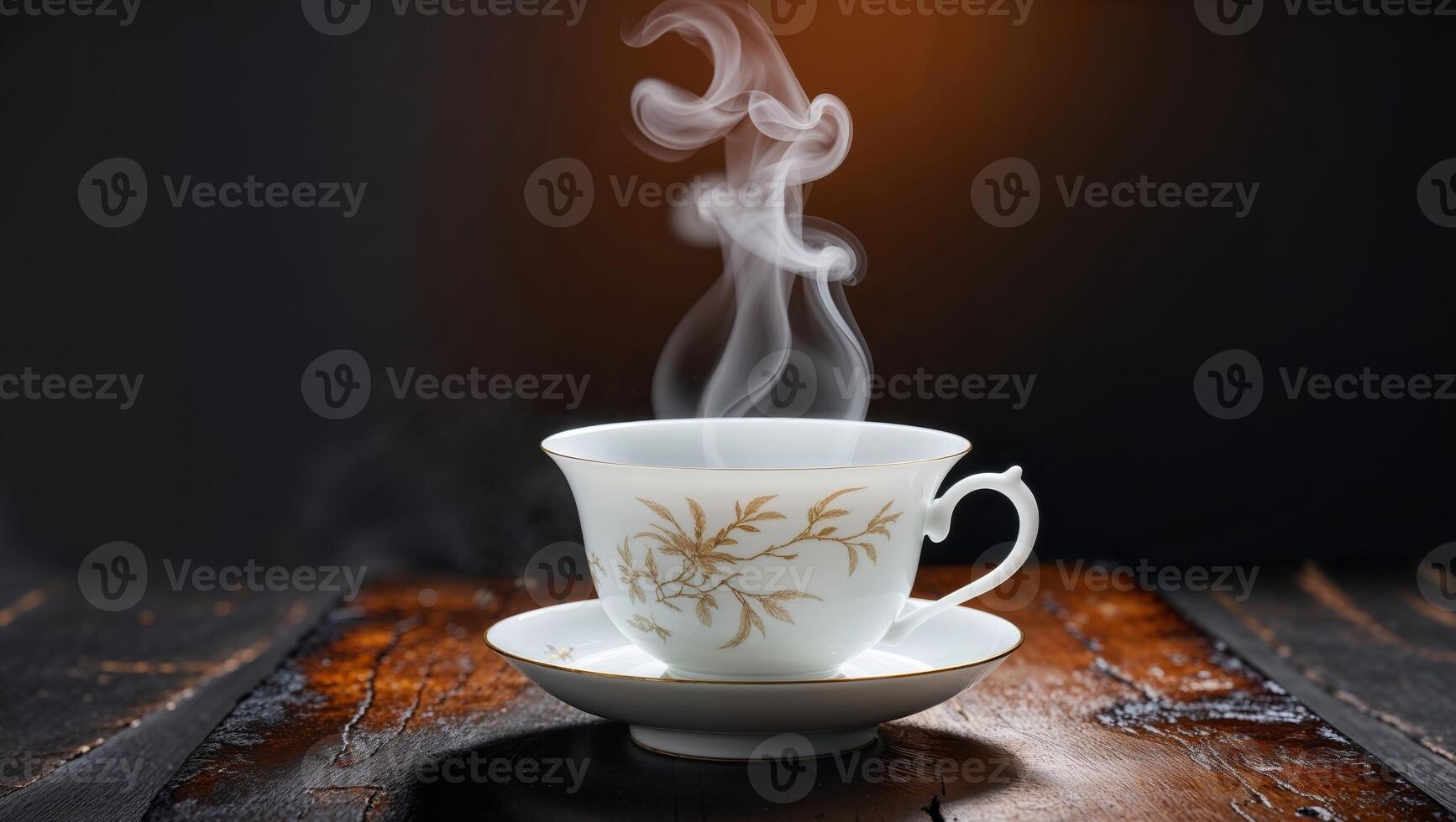 Steaming Tea Cup on Tabletop with Gentle Warm Light and Dark Backdrop photo