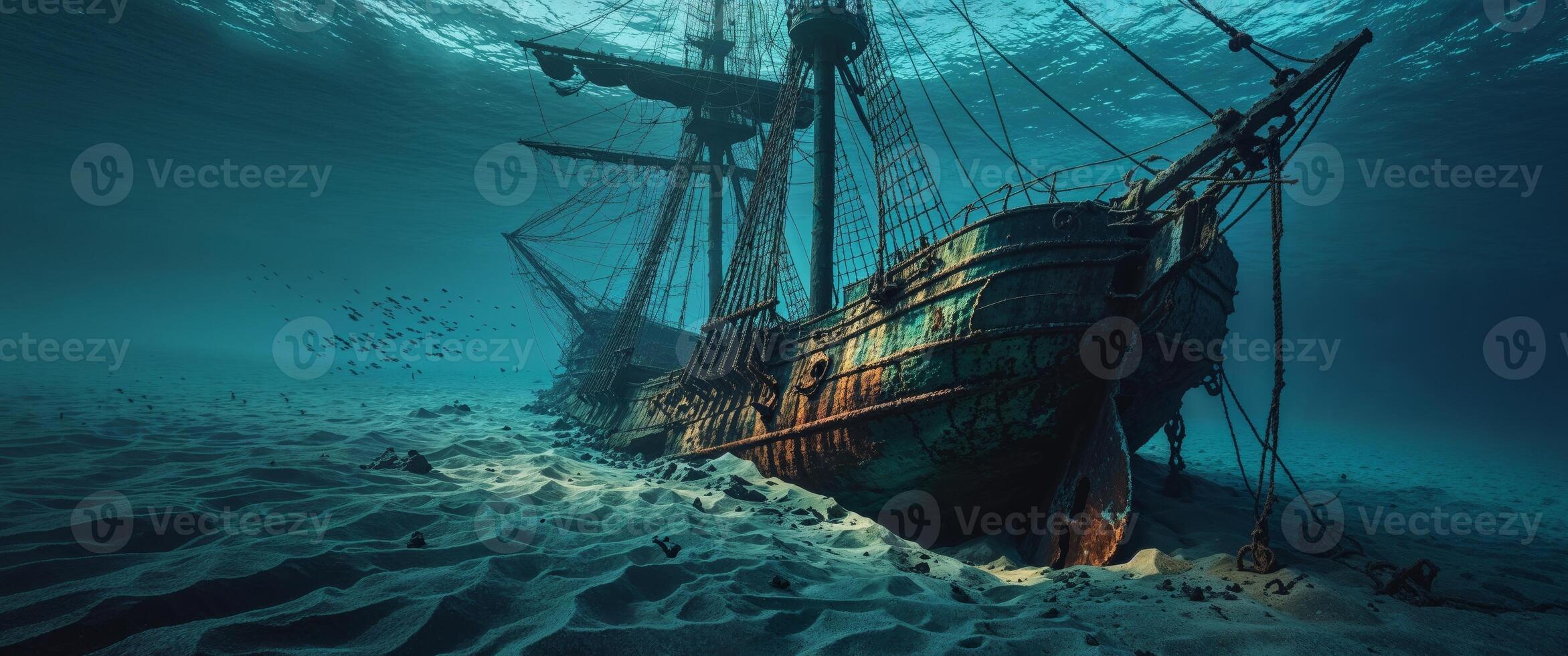 A Sunken Ship Sits At The Bottom Of The Deep Ocean. photo