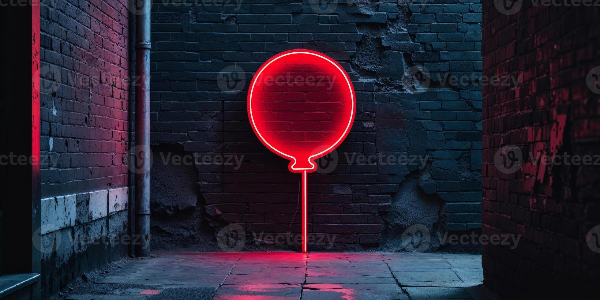 Neon red balloon sign on dark brick wall. photo