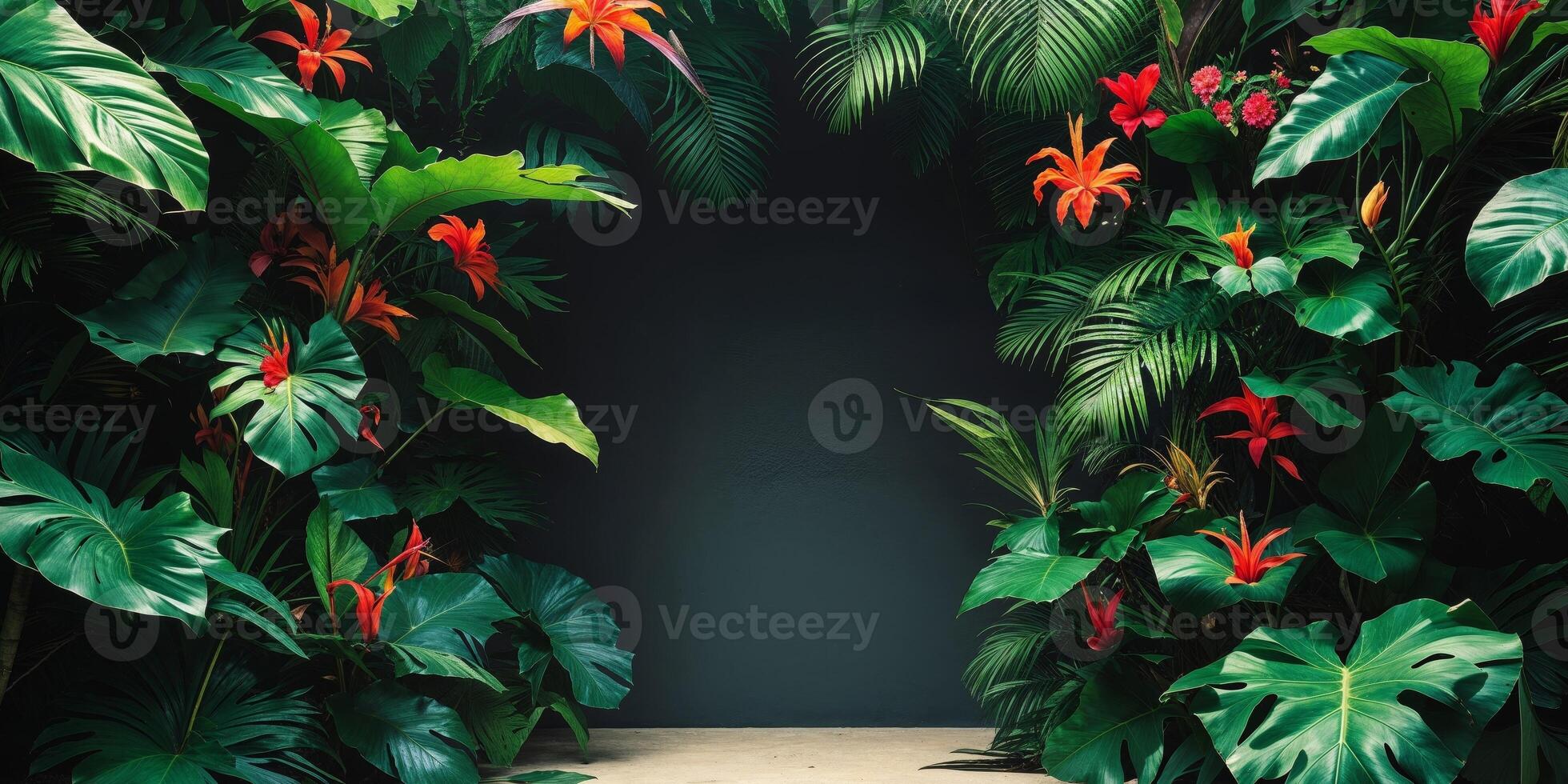 An open doorway with tropical plants and flowers photo