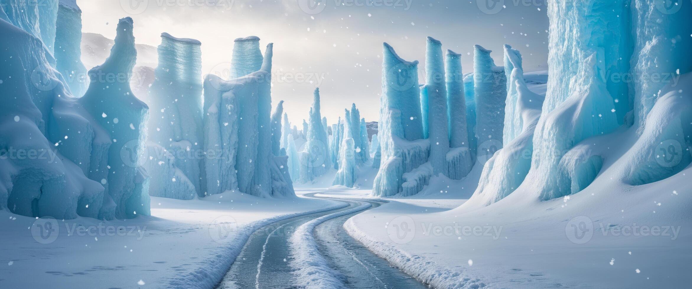 A road is shown in the middle of a snowy landscape photo
