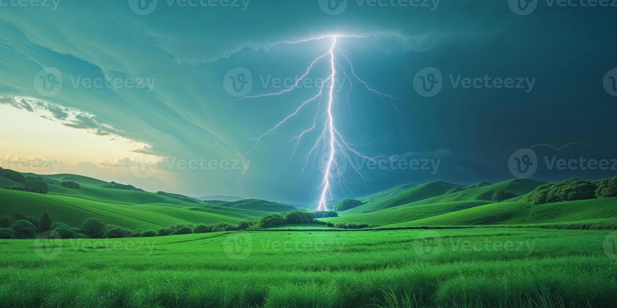 Lightning bolt striking a green field photo
