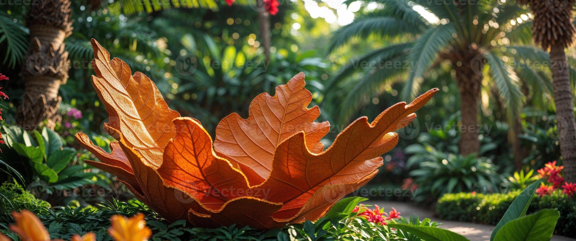 A large orange leaf sculpture in a garden photo