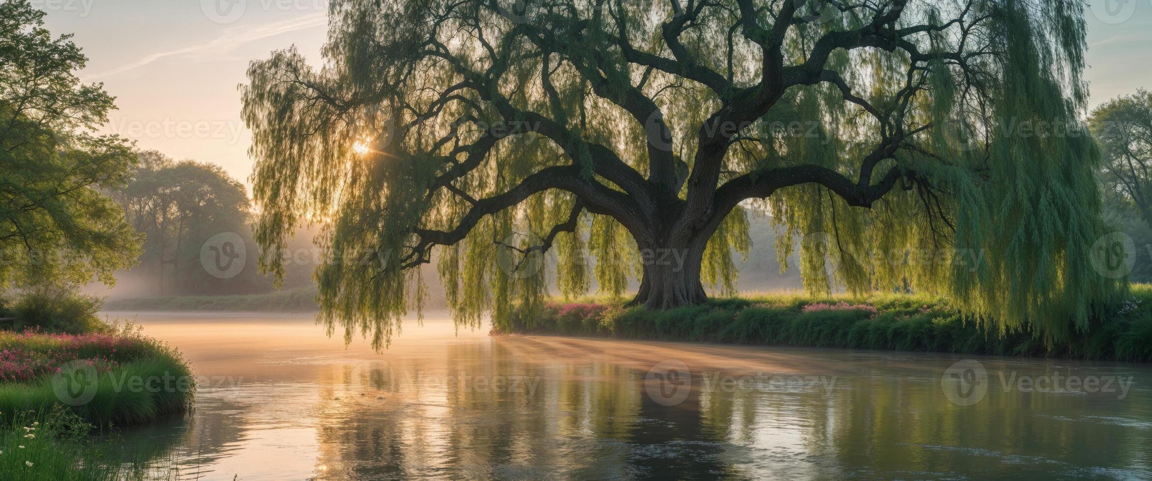 A willow tree is standing in the middle of a river photo