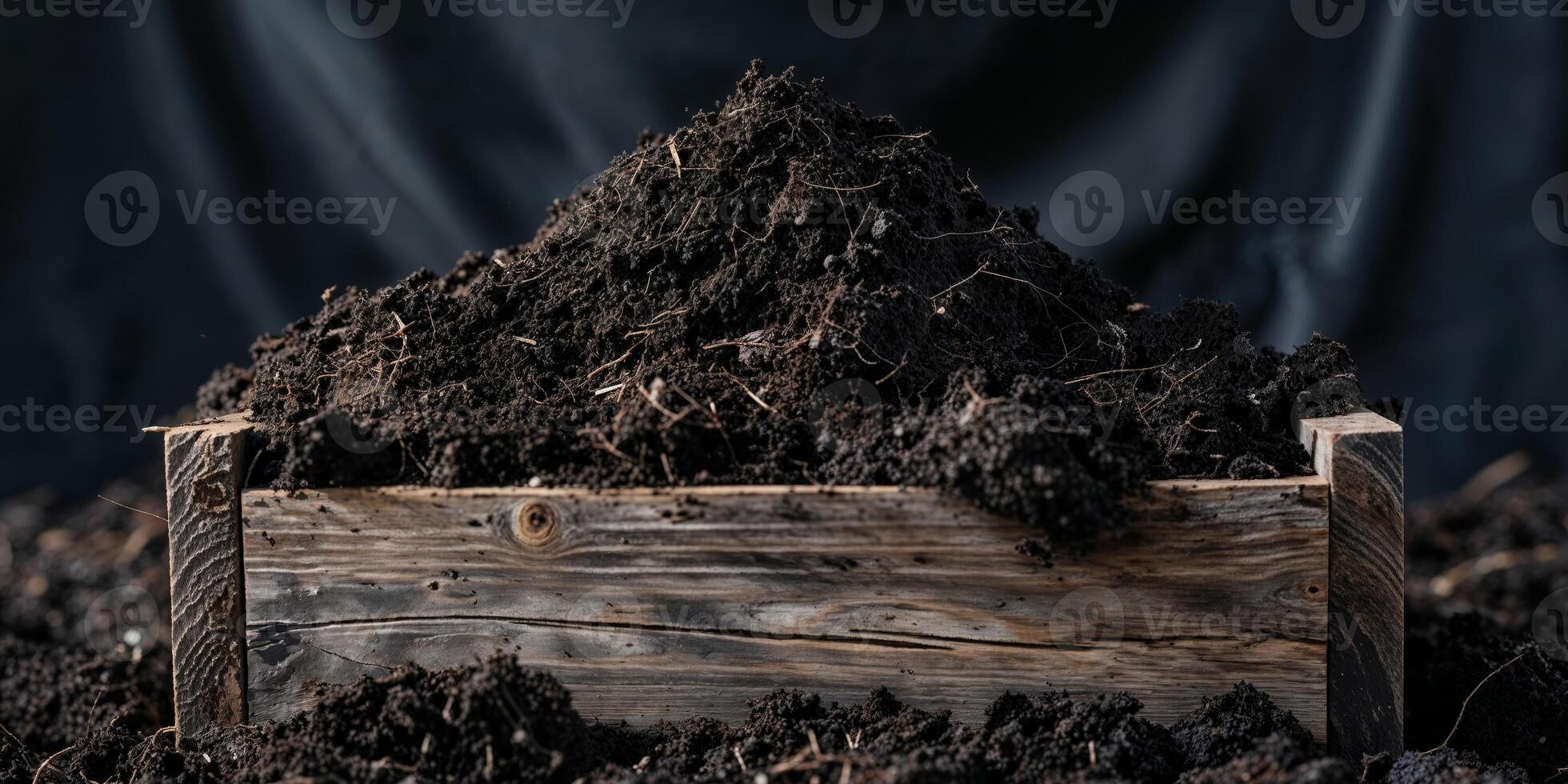 A wooden box full of dirt on a black background photo