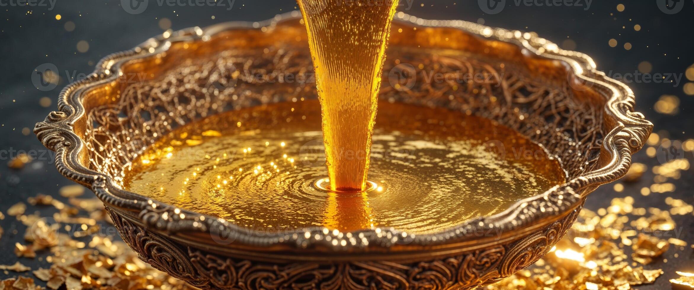 Gold pouring into a bowl of liquid photo