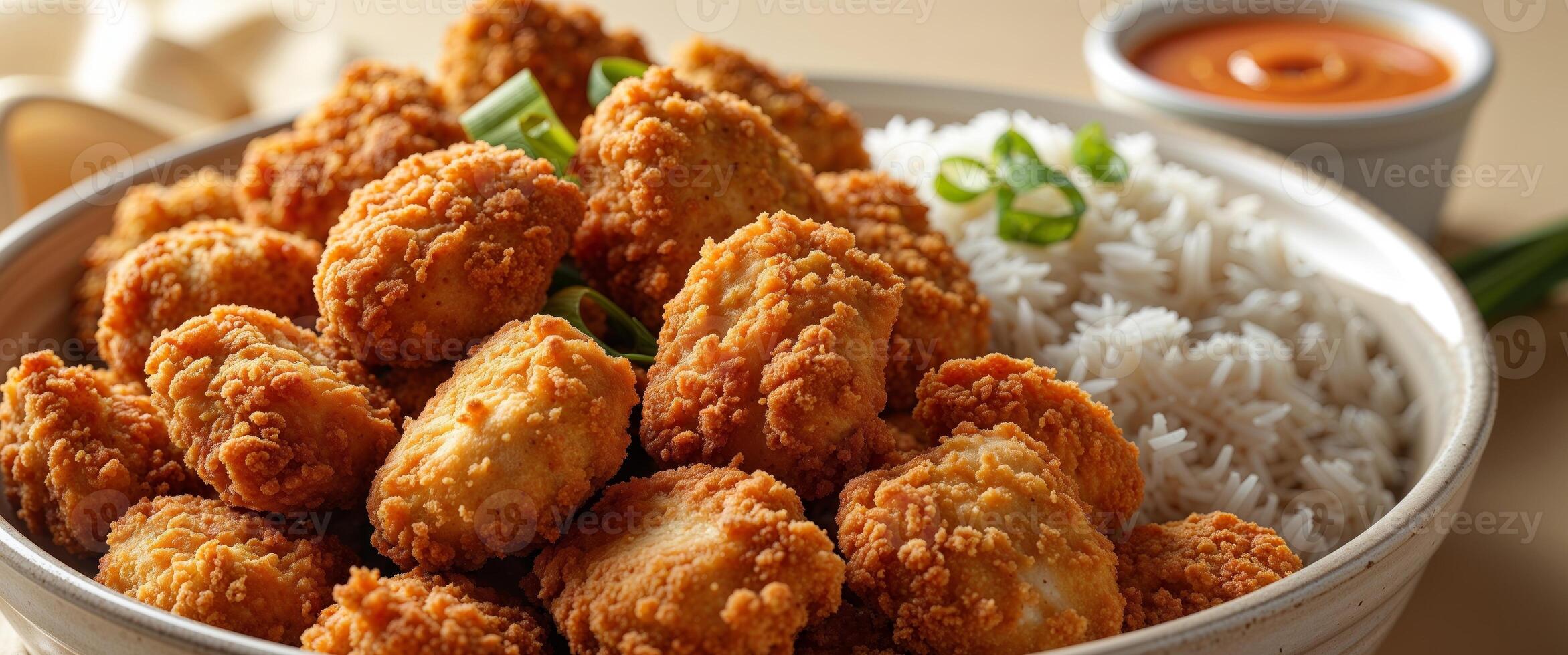 A bowl of fried chicken and rice with a side of sauce photo
