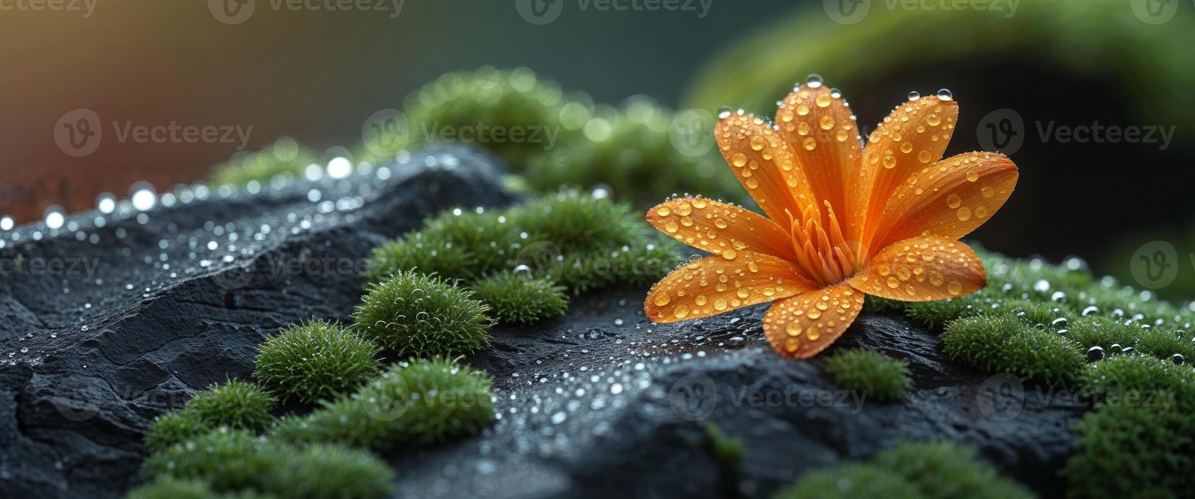An orange flower sits on top of moss photo