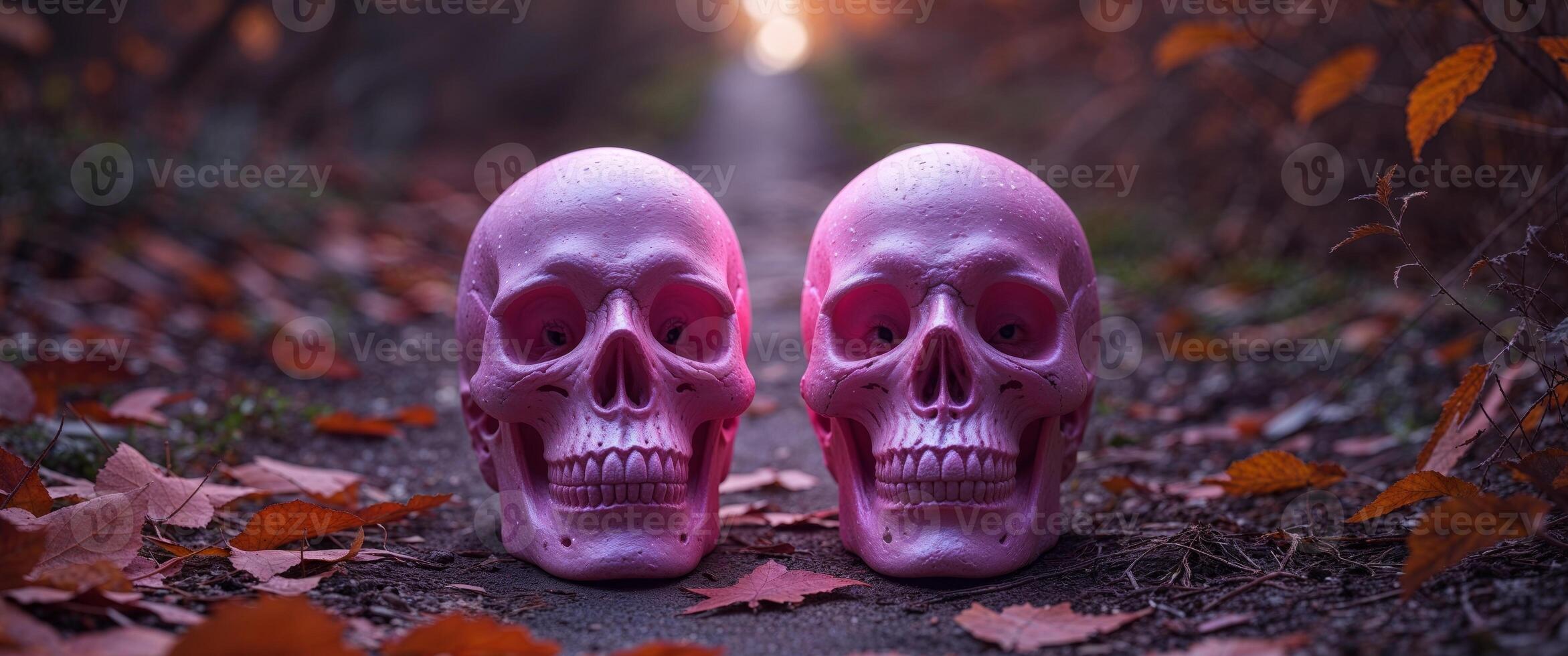 Two pink skulls sitting on the ground in the woods photo