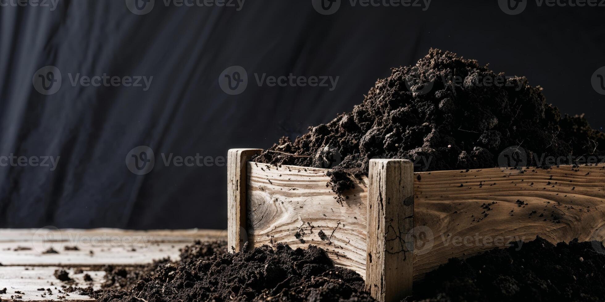 A wooden box filled with dirt on a table photo