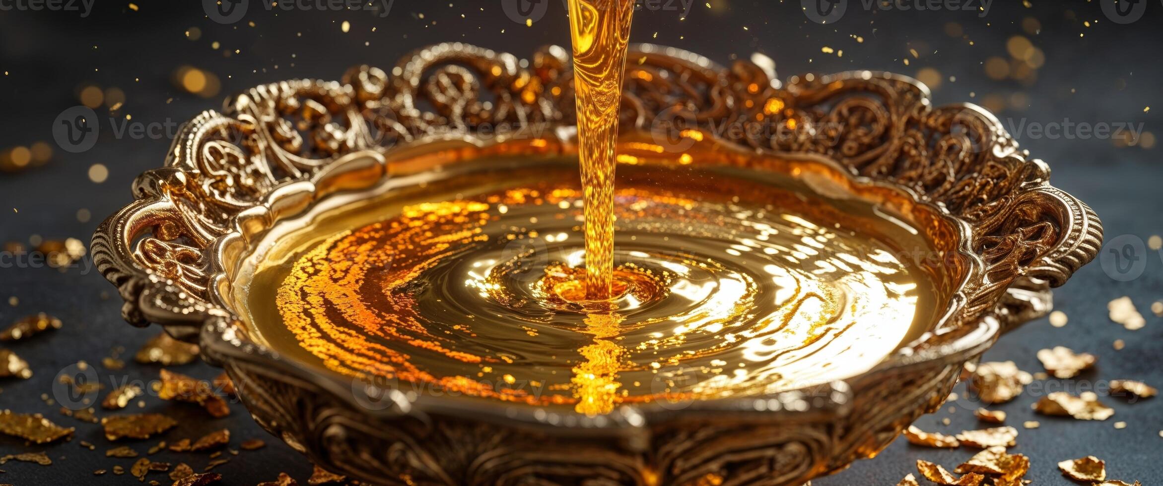 Molten Gold Pouring into Ornate Gold Bowl with Gold Flakes photo