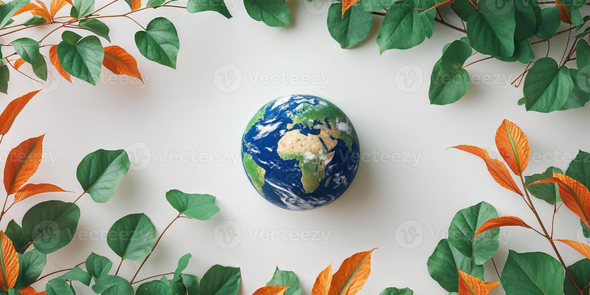 A planet earth model with green and orange colorful foliage. photo