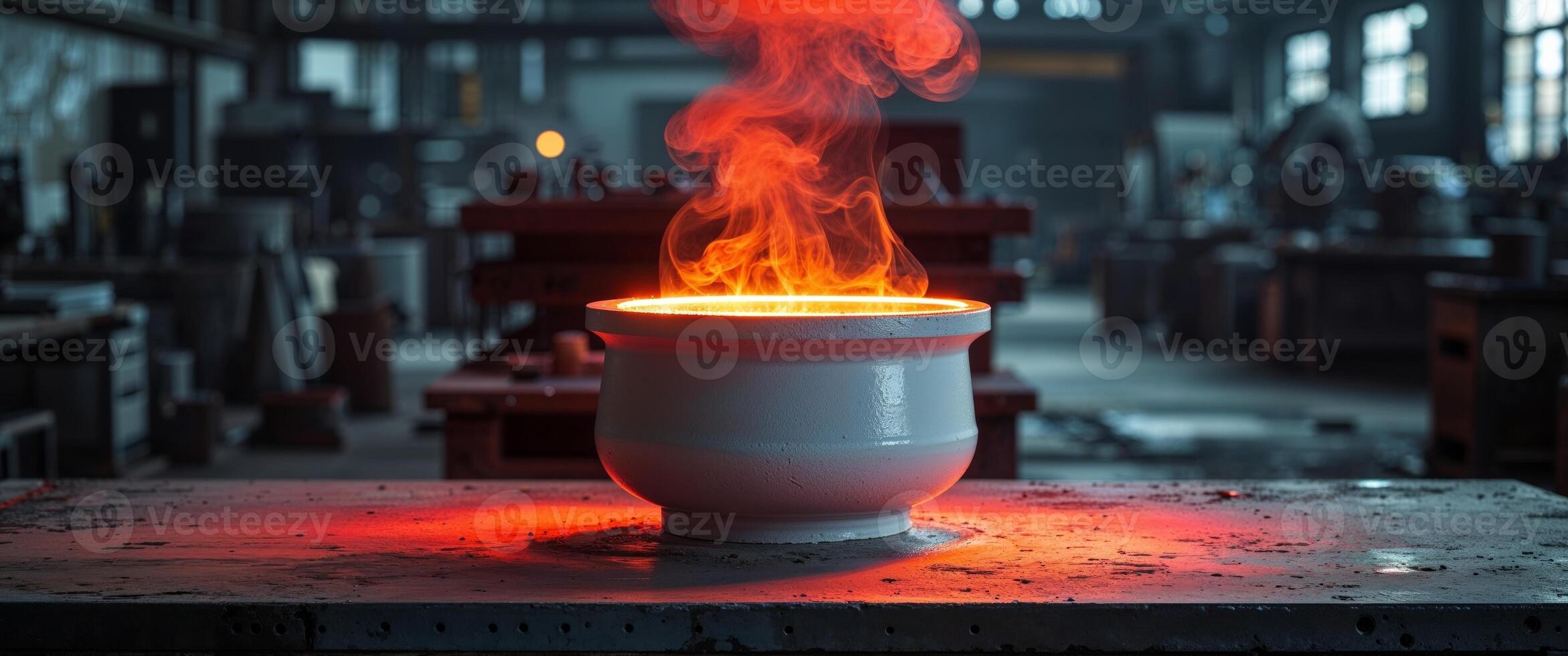 Glowing red hot white ceramic crucible in industrial workshop setting captured from front view conceptual art photo