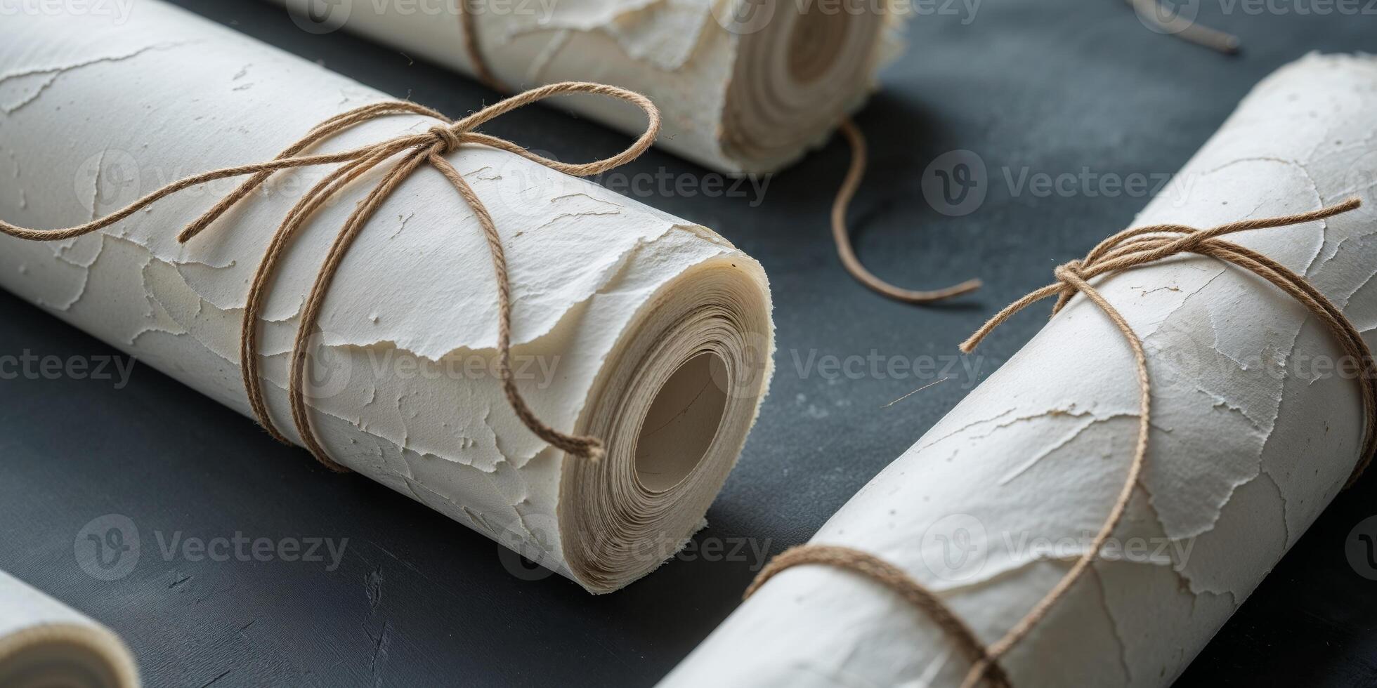 Four Rolled Aged Papers Tied with String on Dark Background. photo