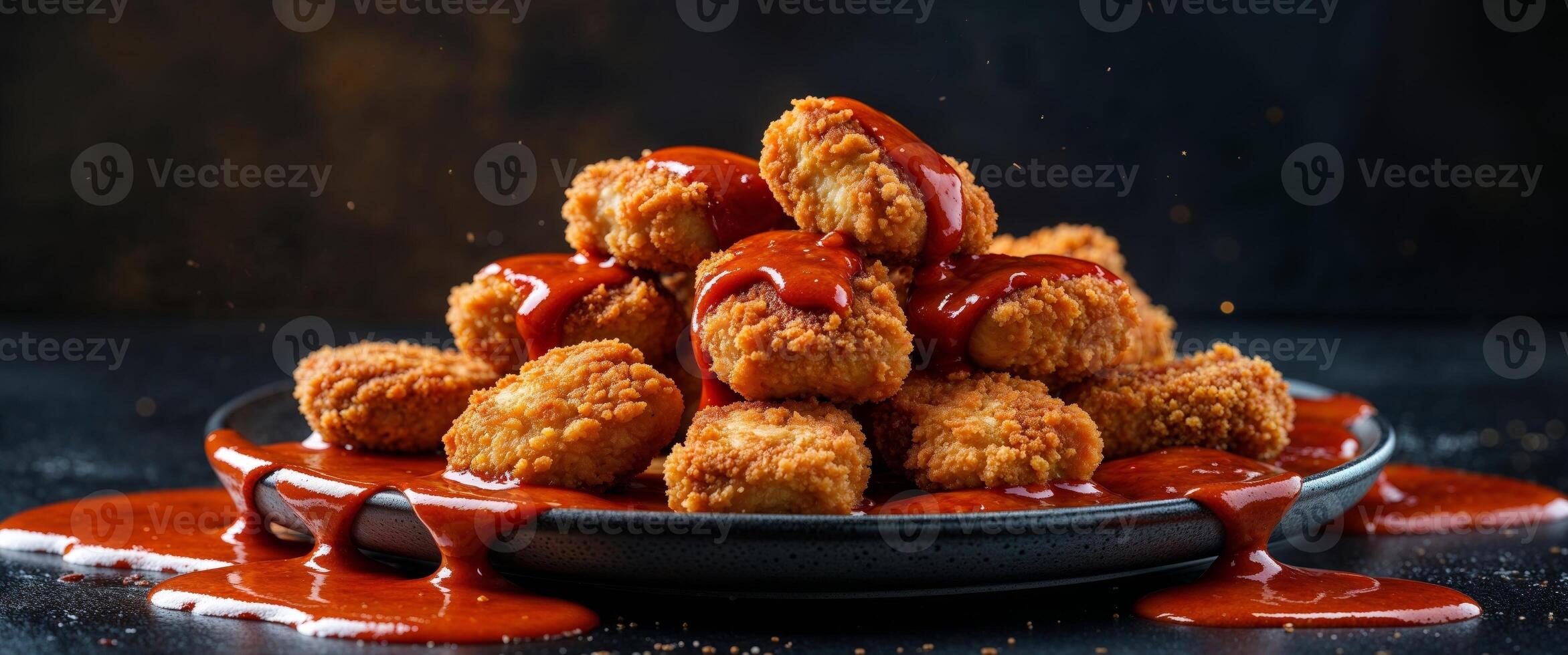 Crispy Chicken Nuggets with Spicy Red Sauce on Dark Background photo