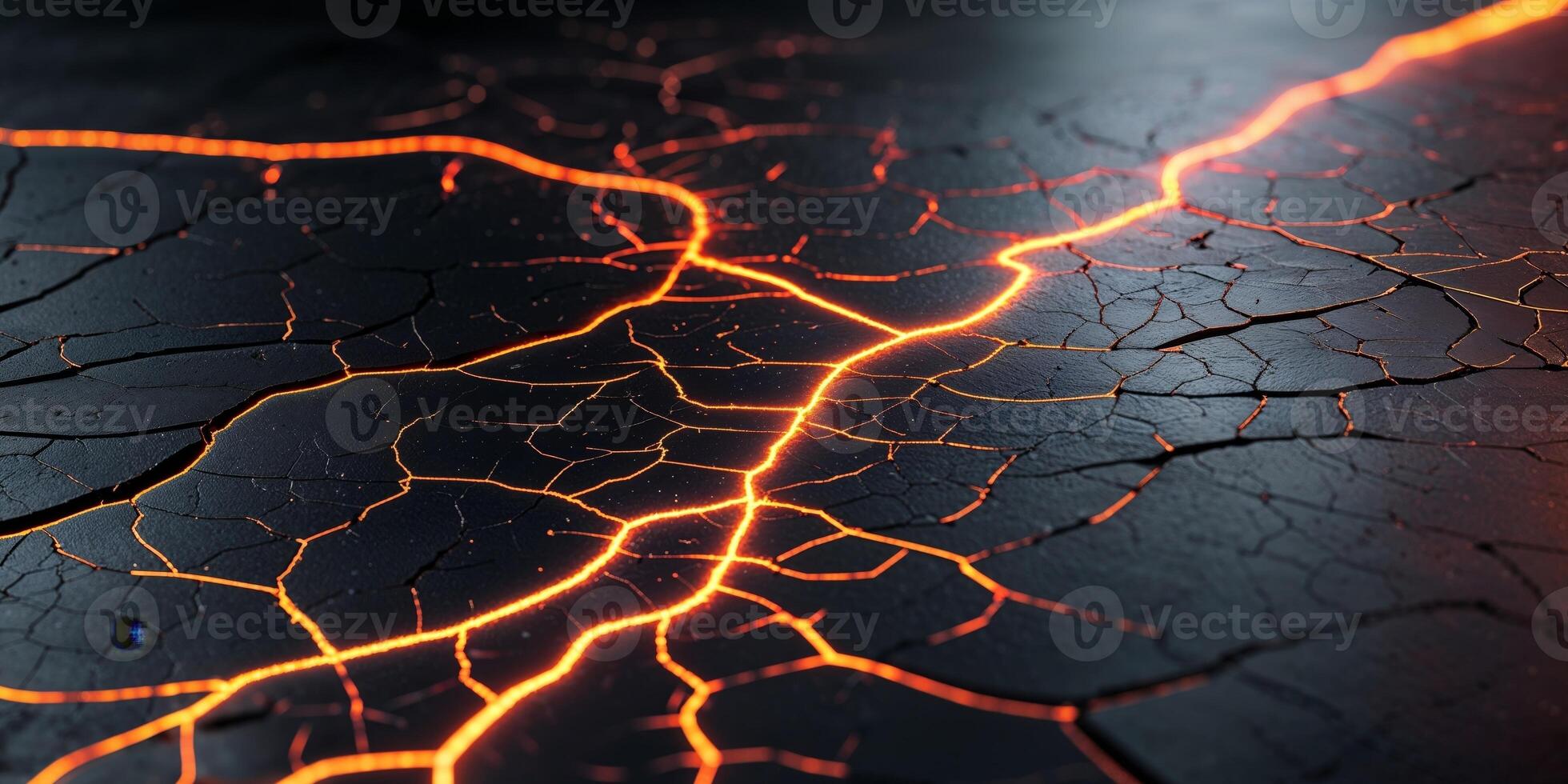 Abstract Cracked Surface Texture With Glowing Orange Lines and Dark Background. photo