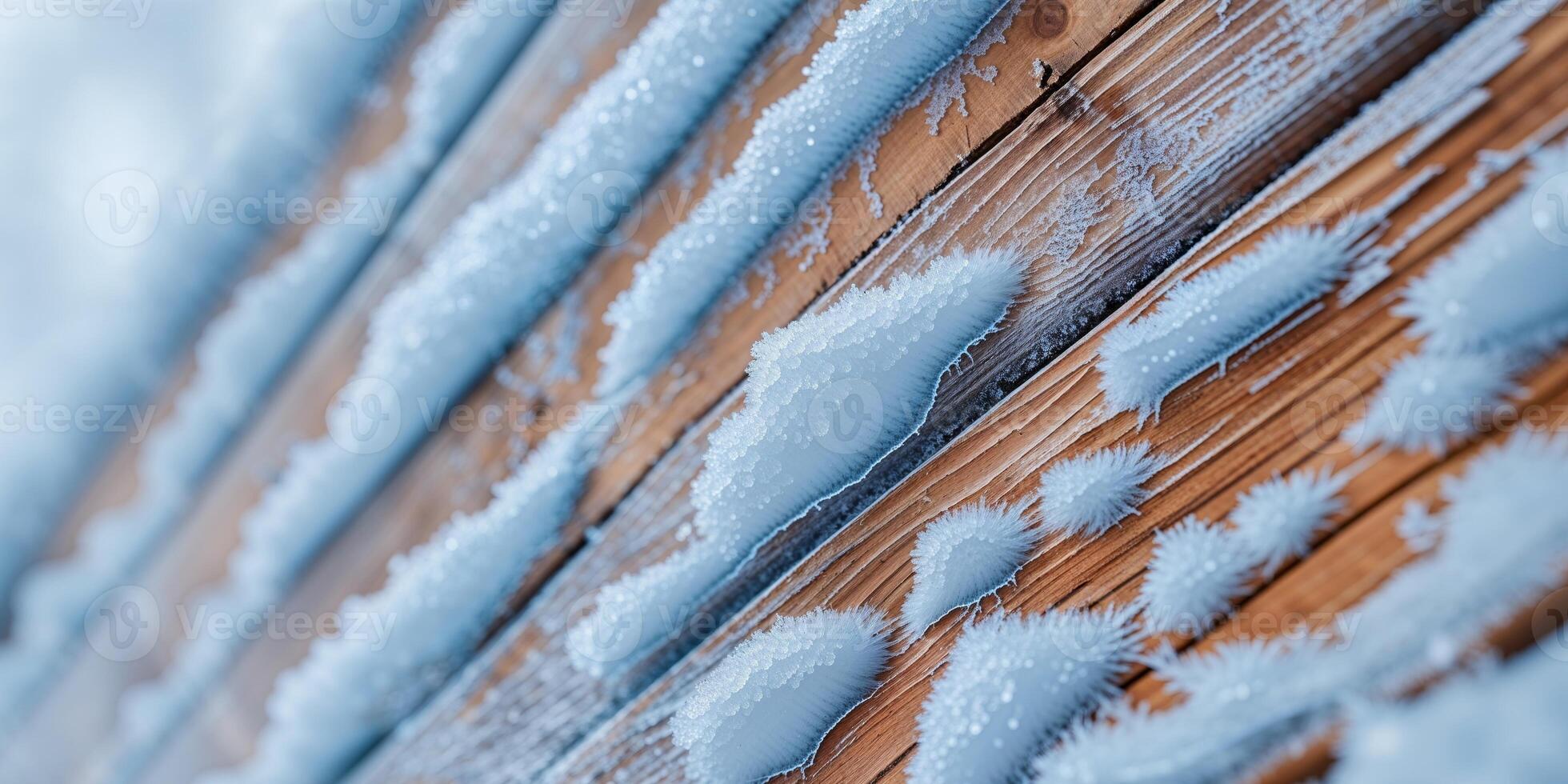 Frost Covered Wooden Layers Close Up View photo