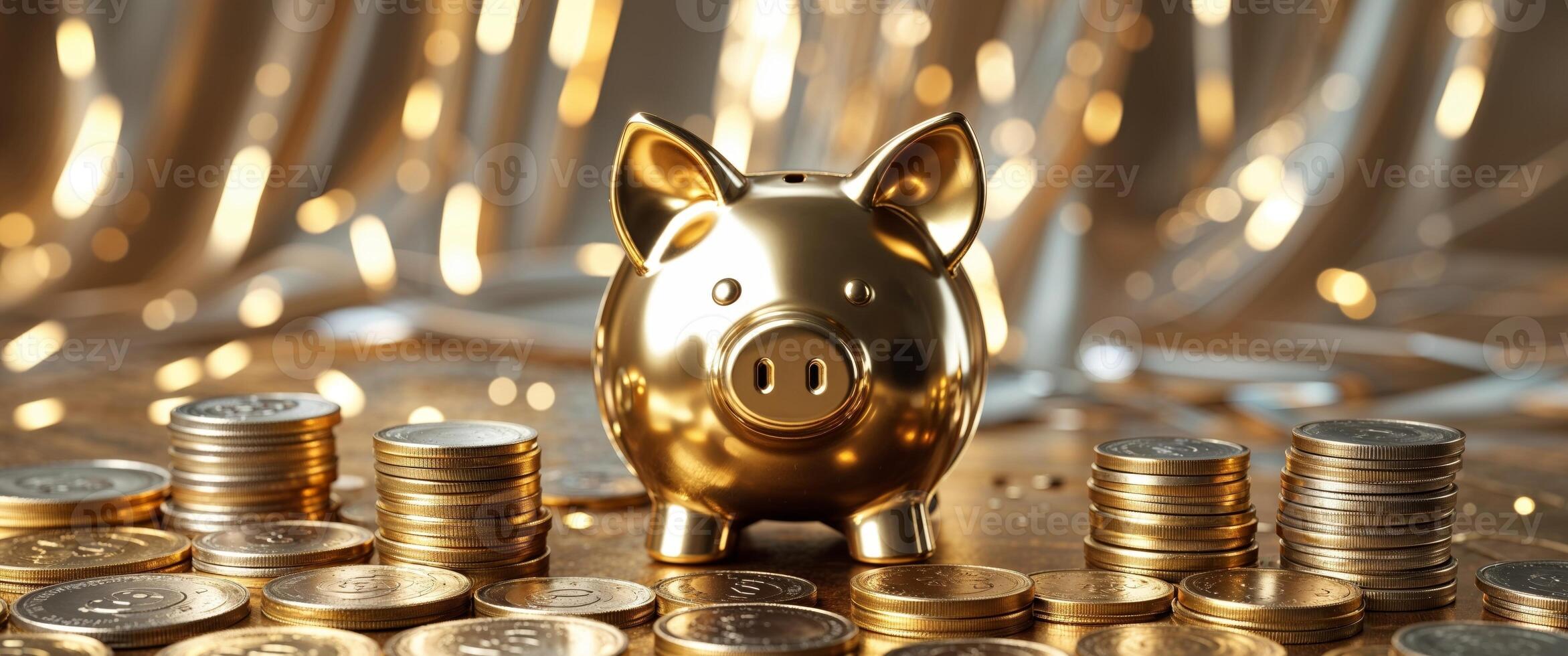 Golden piggy bank with coins on a shiny background photo