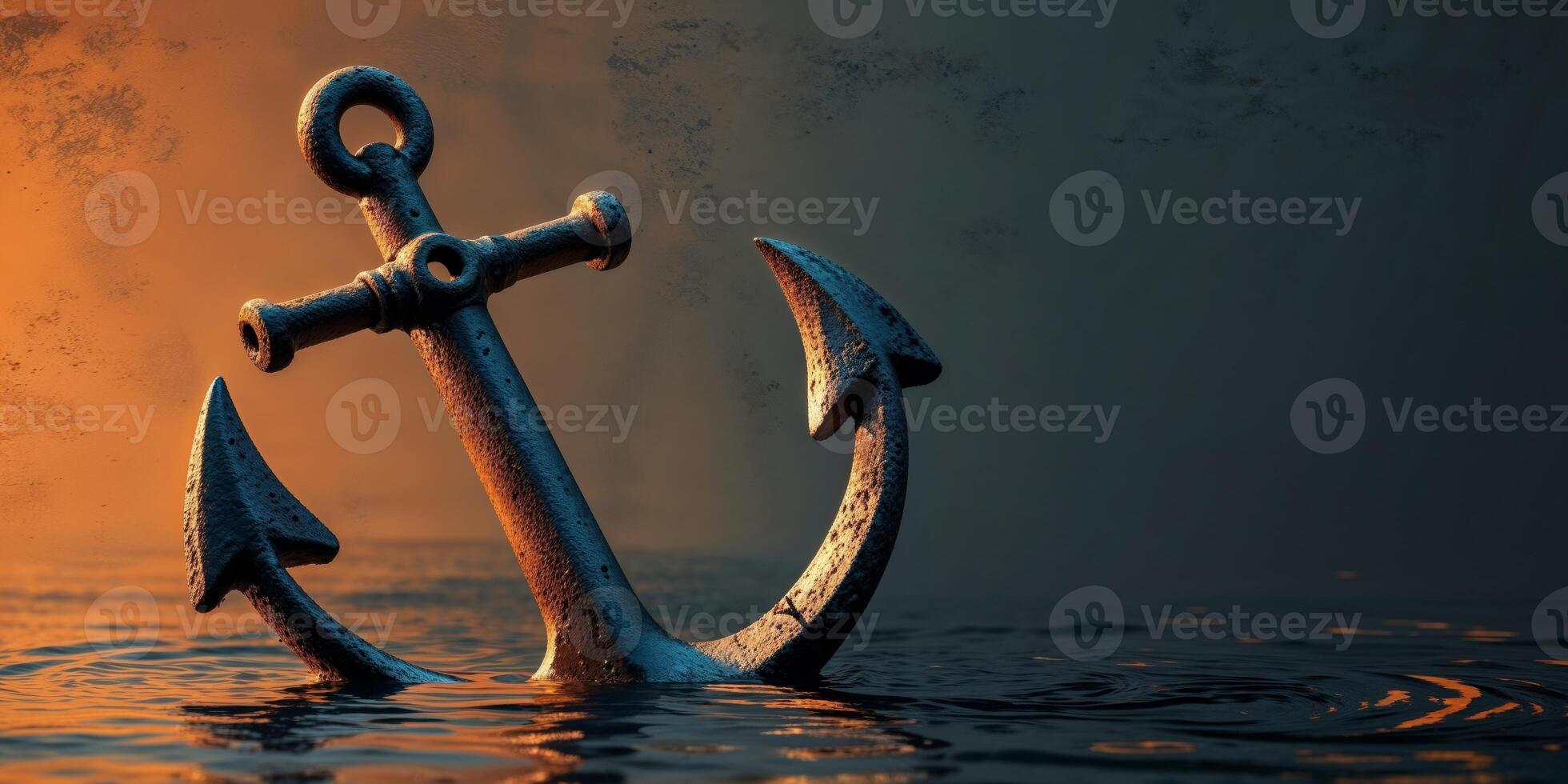An anchor is sitting in the water with a sunset in the background photo