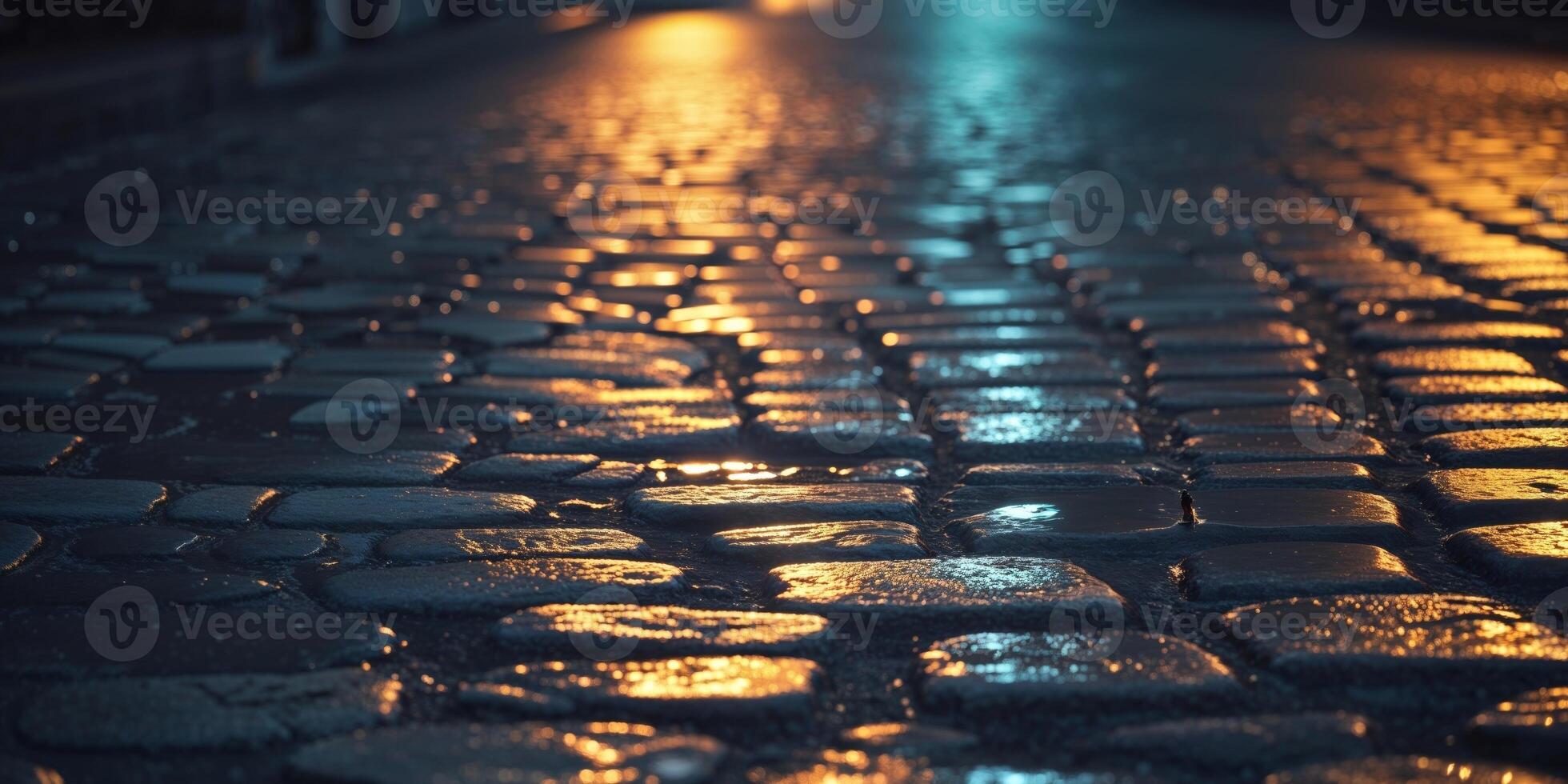 A cobblestone street at night with rain on it photo