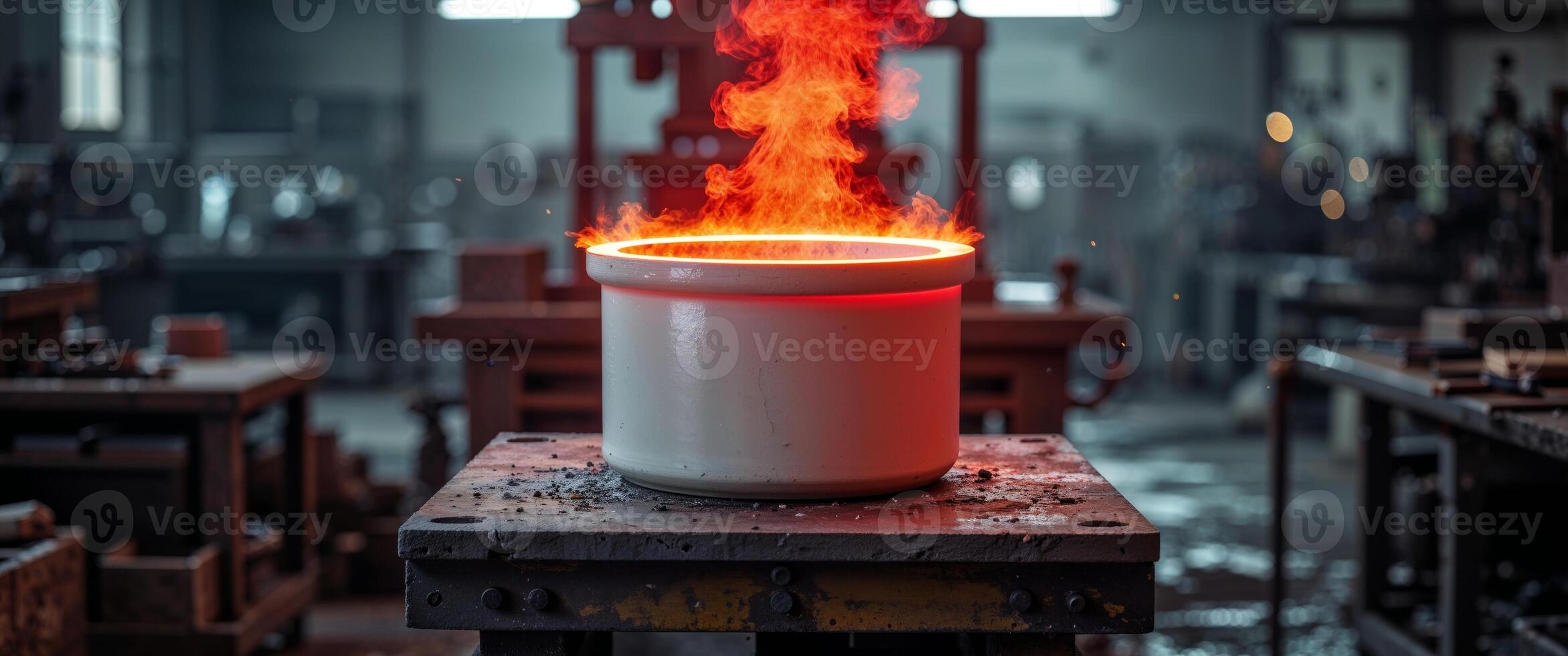 A pot of molten metal is being poured into a mold photo