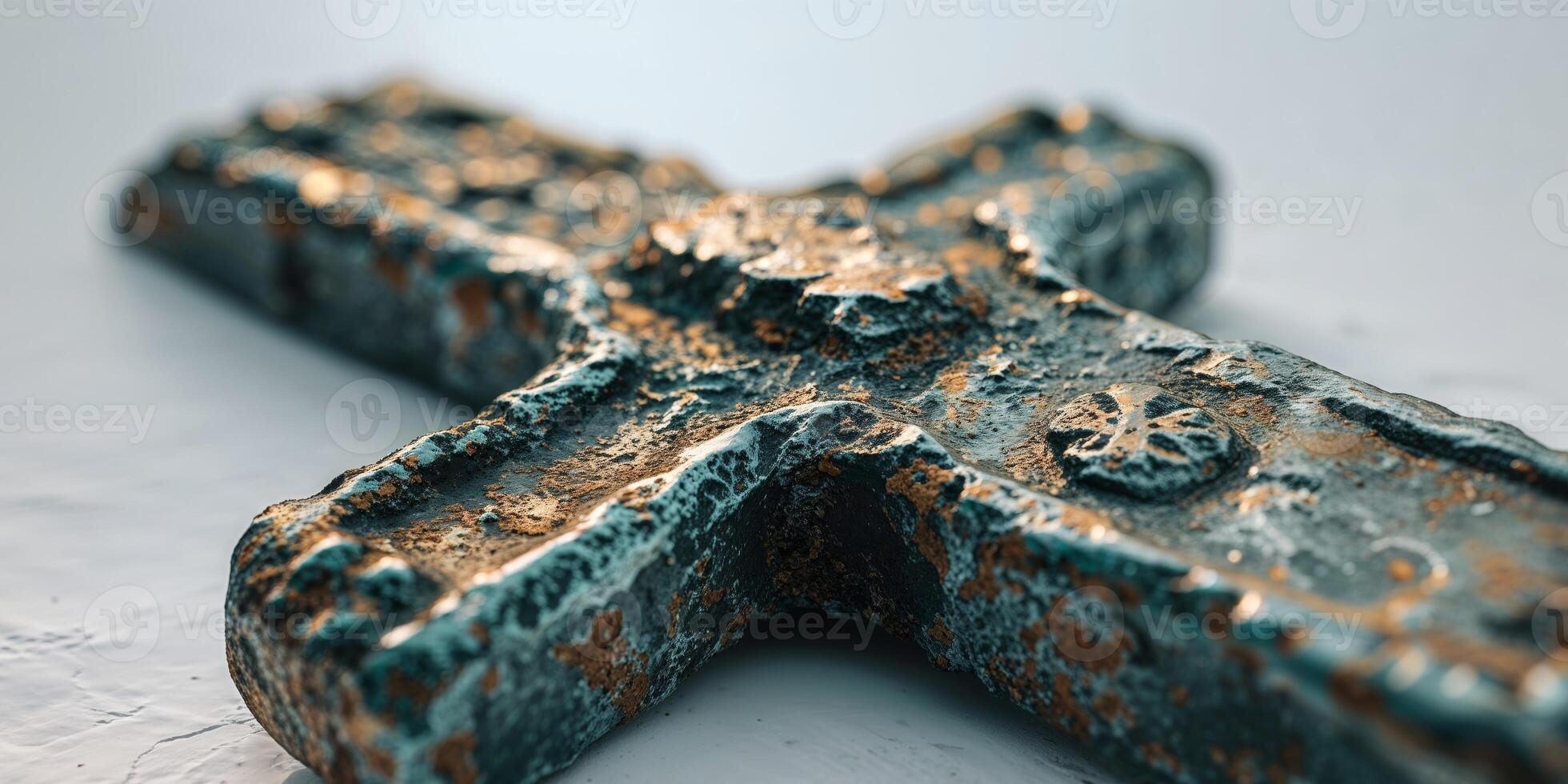 A rusty cross sitting on top of a white surface photo