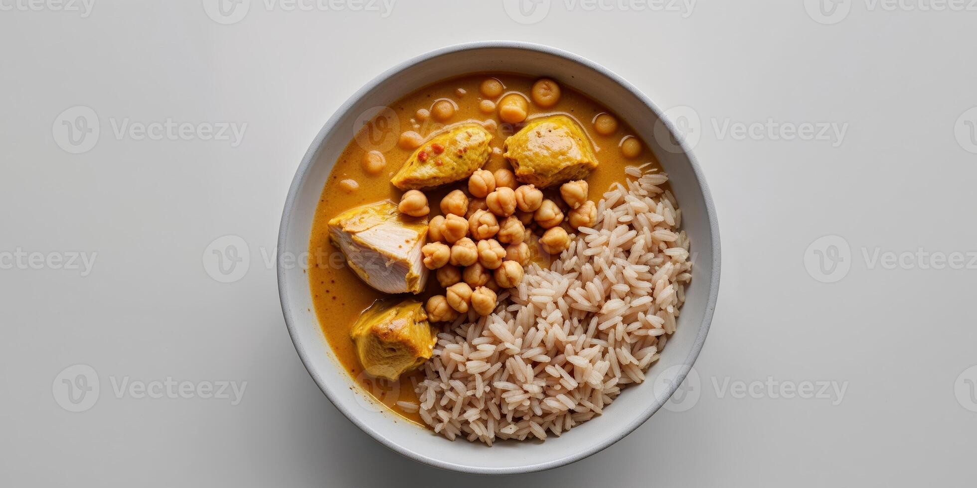 A bowl of rice and chicken curry with beans photo