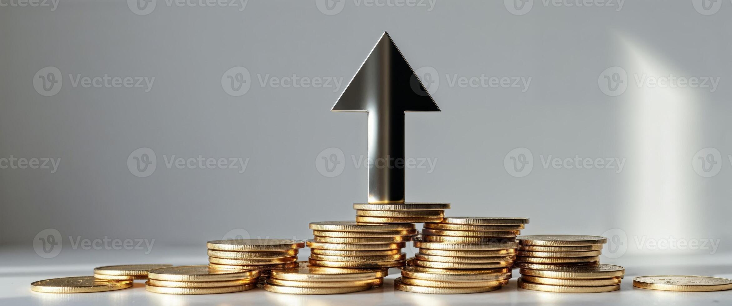 A stack of coins with an arrow pointing up photo
